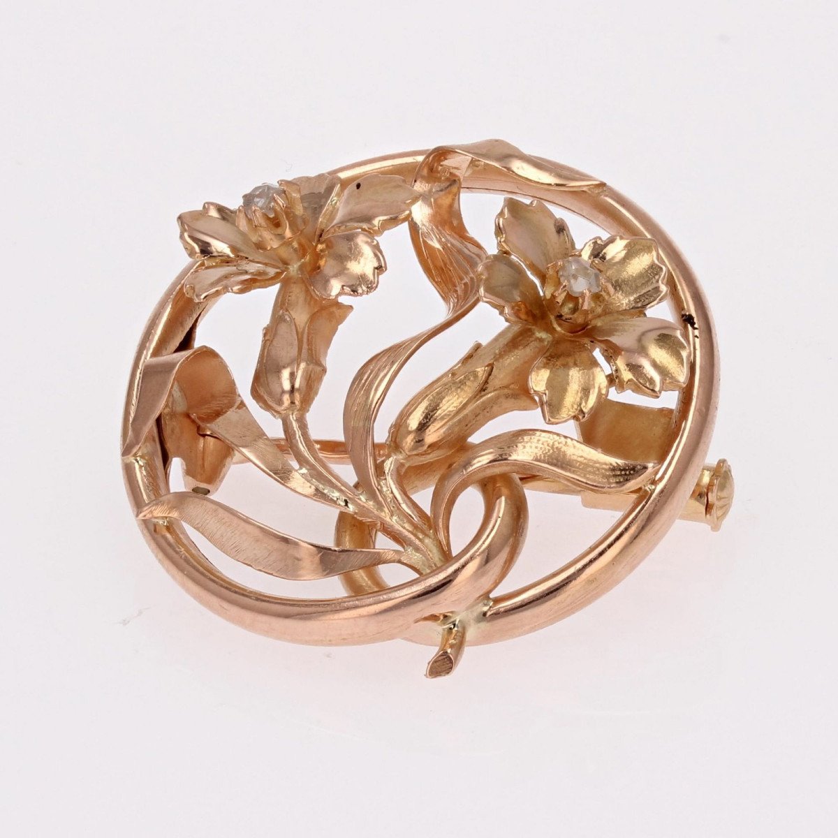 Broche Ronde Ancienne Fleurs-photo-4