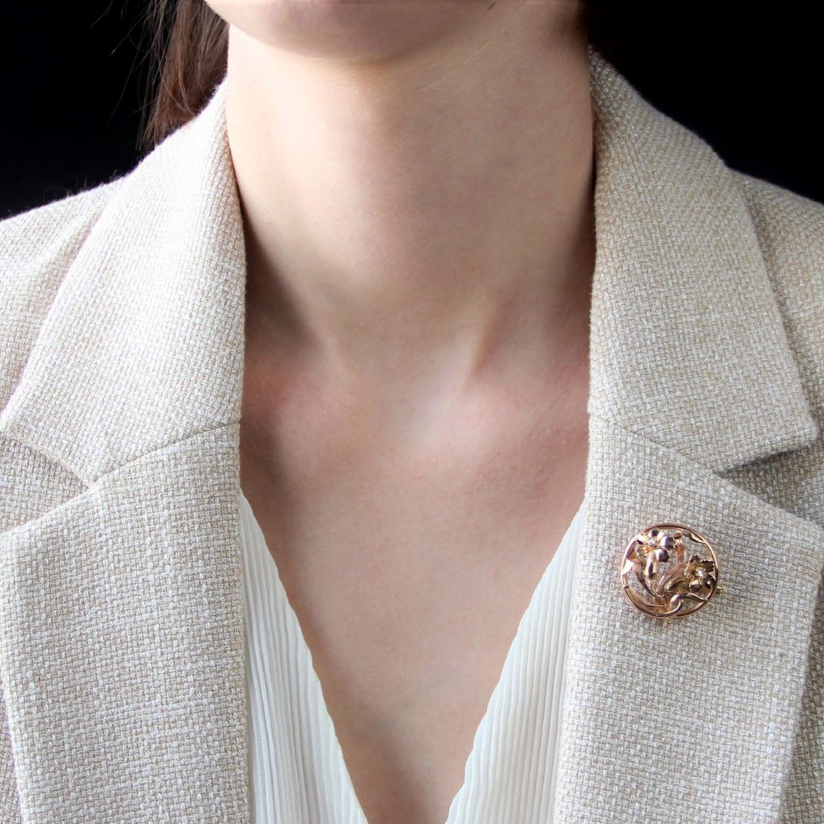 Broche Ronde Ancienne Fleurs-photo-1