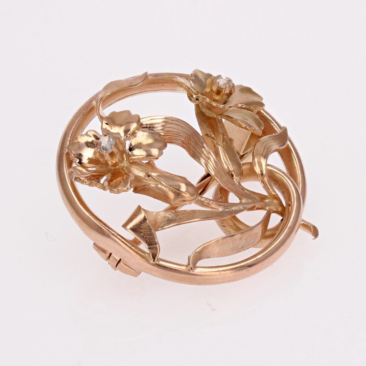 Broche Ronde Ancienne Fleurs-photo-2