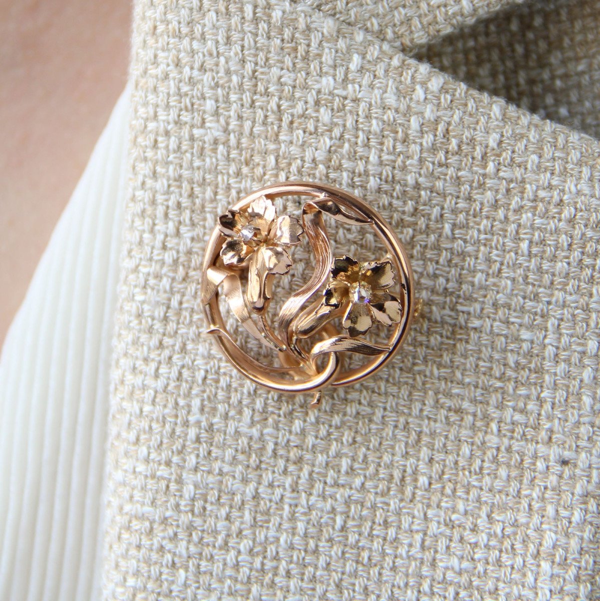 Broche Ronde Ancienne Fleurs-photo-4