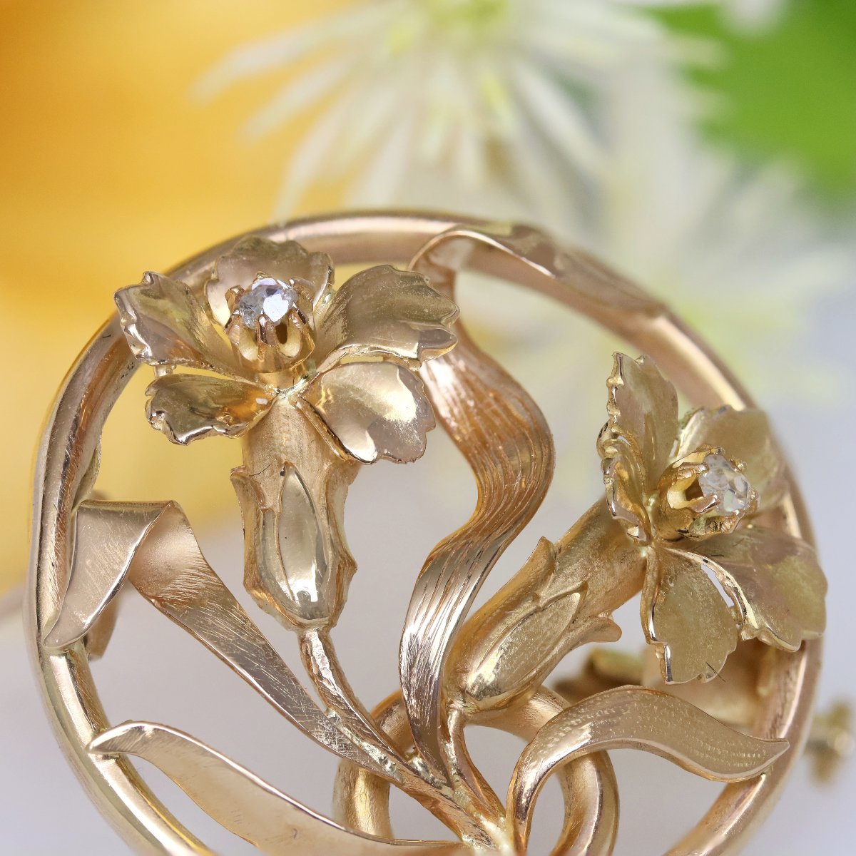 Broche Ronde Ancienne Fleurs-photo-5
