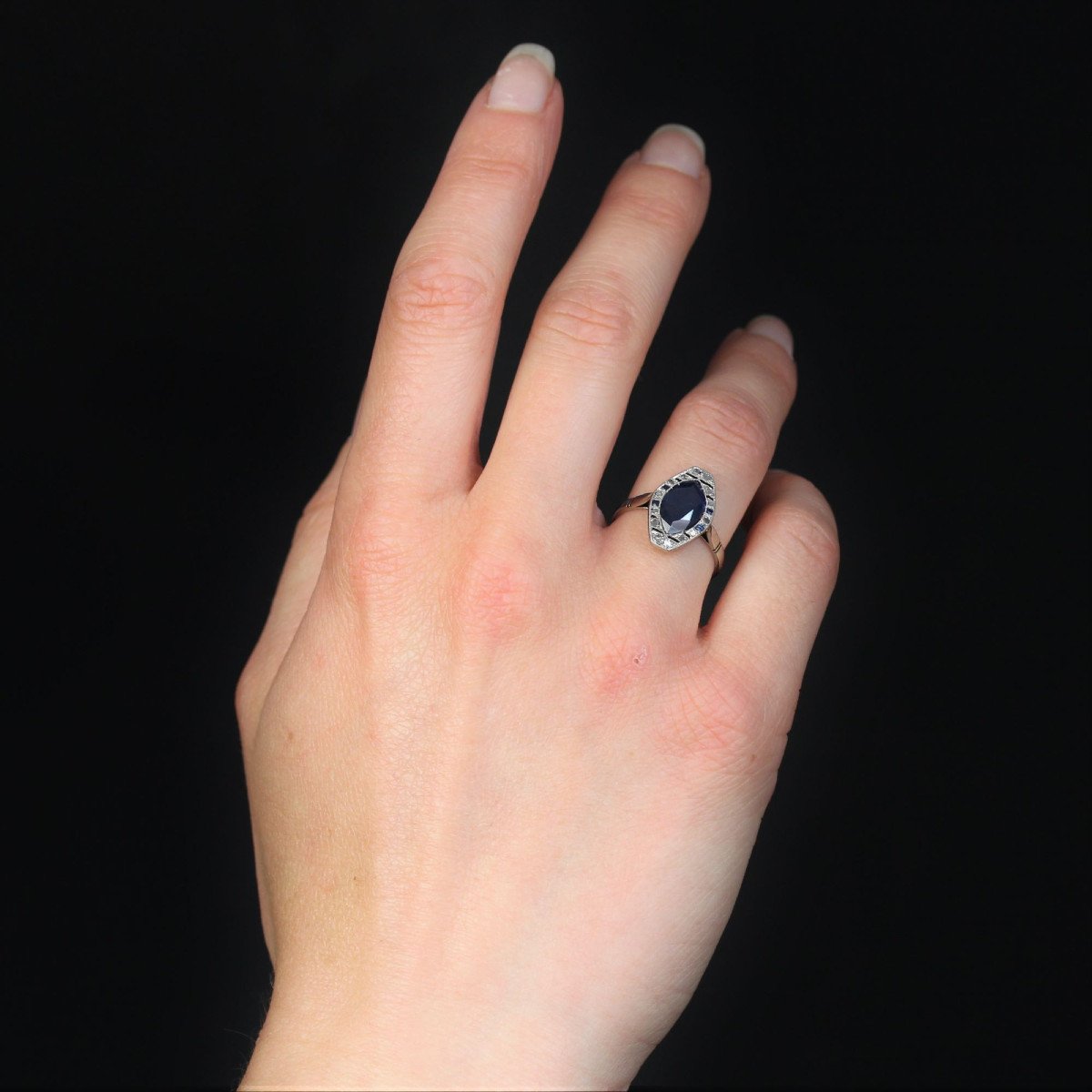 Art Deco Sapphire Diamond Navette Ring-photo-4
