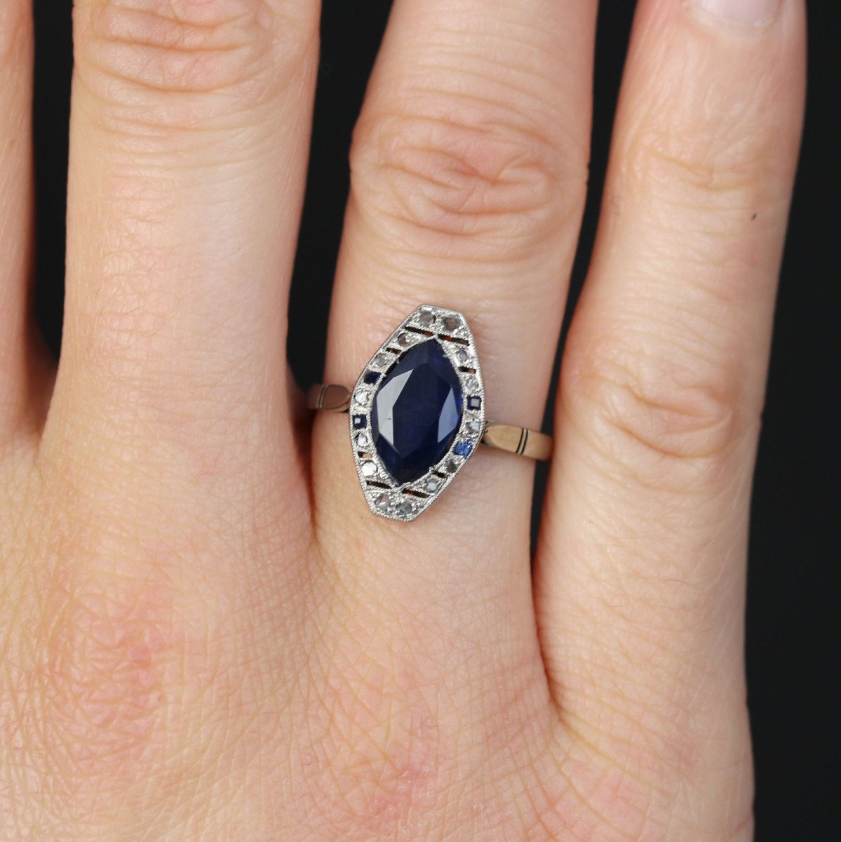 Art Deco Sapphire Diamond Navette Ring-photo-2