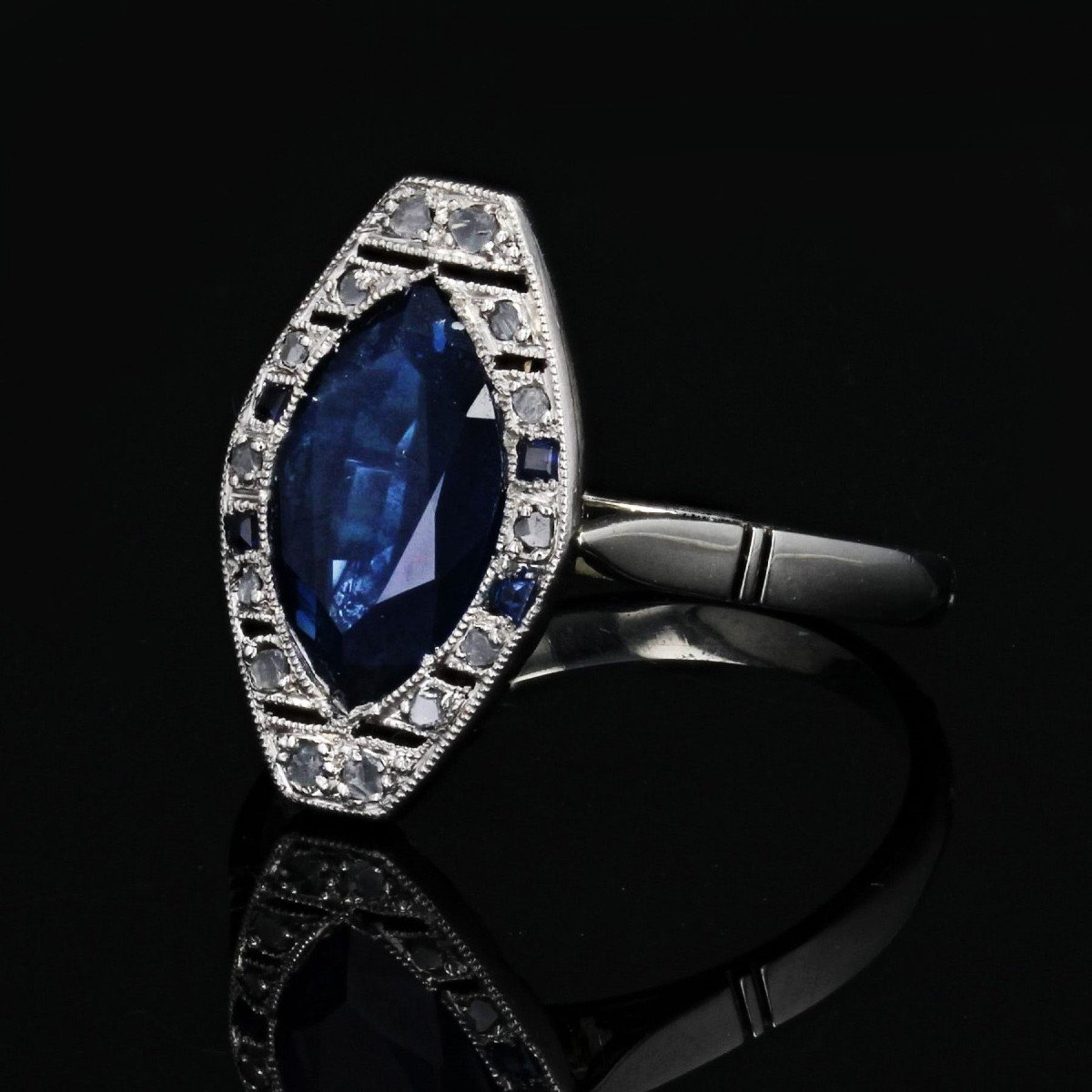 Art Deco Sapphire Diamond Navette Ring-photo-3