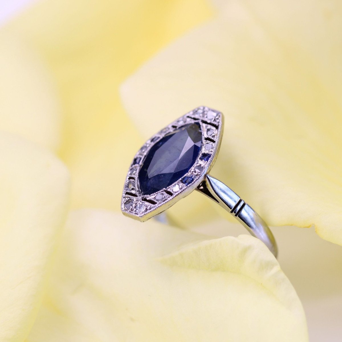 Art Deco Sapphire Diamond Navette Ring-photo-4