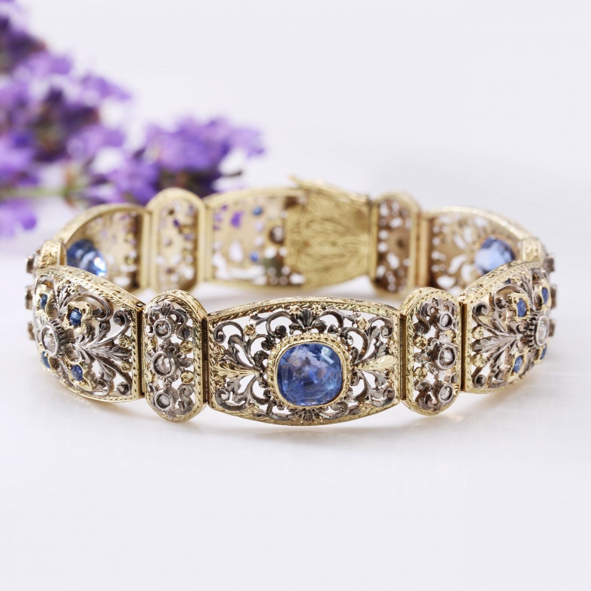 Bracelet Ancien Dentelle Saphirs Naturels Et Diamants-photo-3