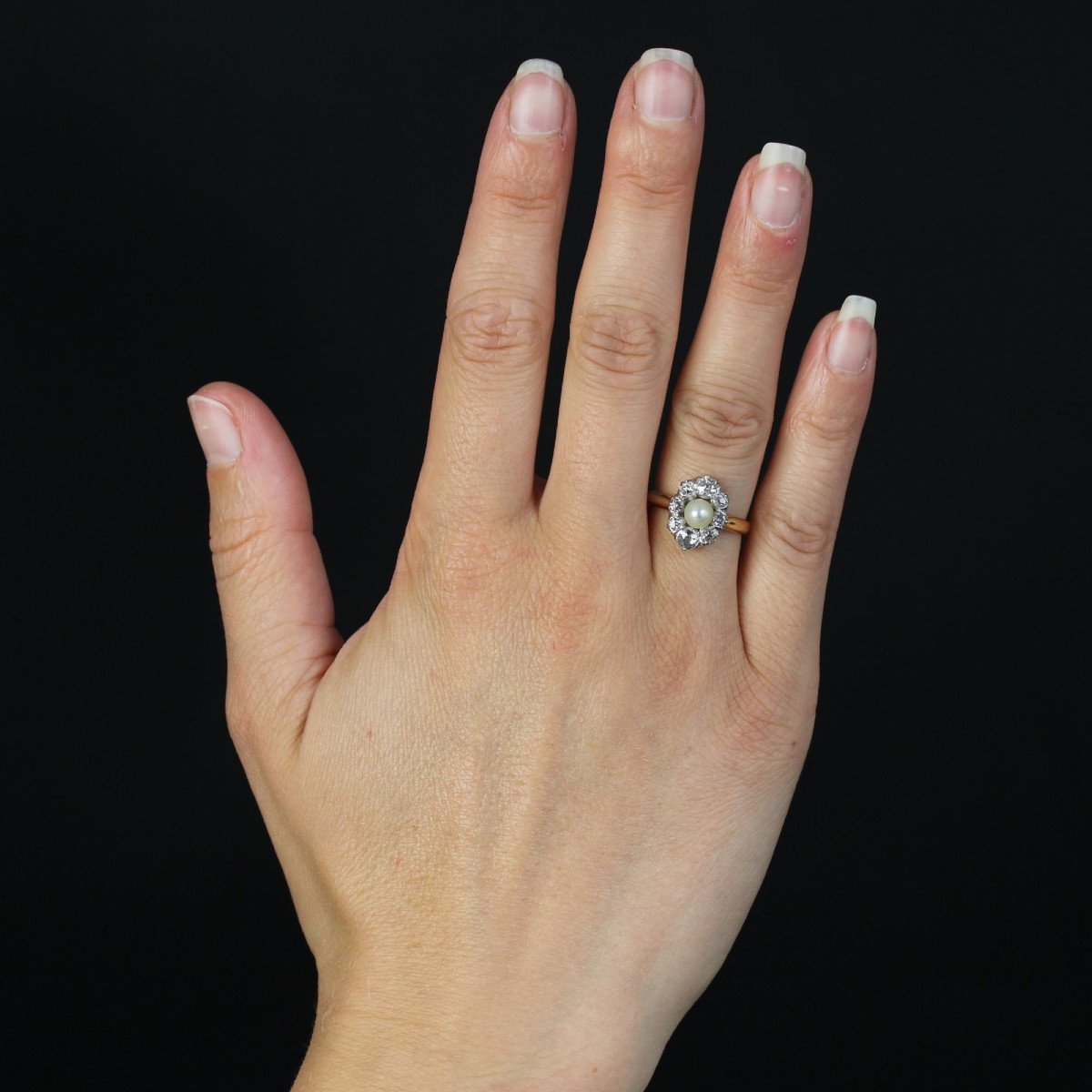 Antique Fine Pearl Diamond Marquise Ring-photo-2