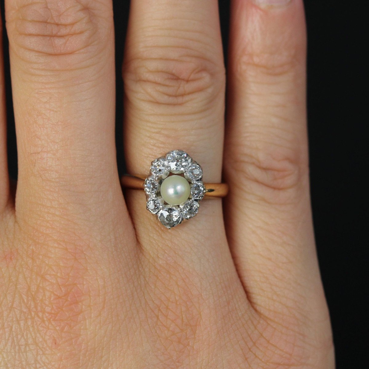 Antique Fine Pearl Diamond Marquise Ring-photo-4