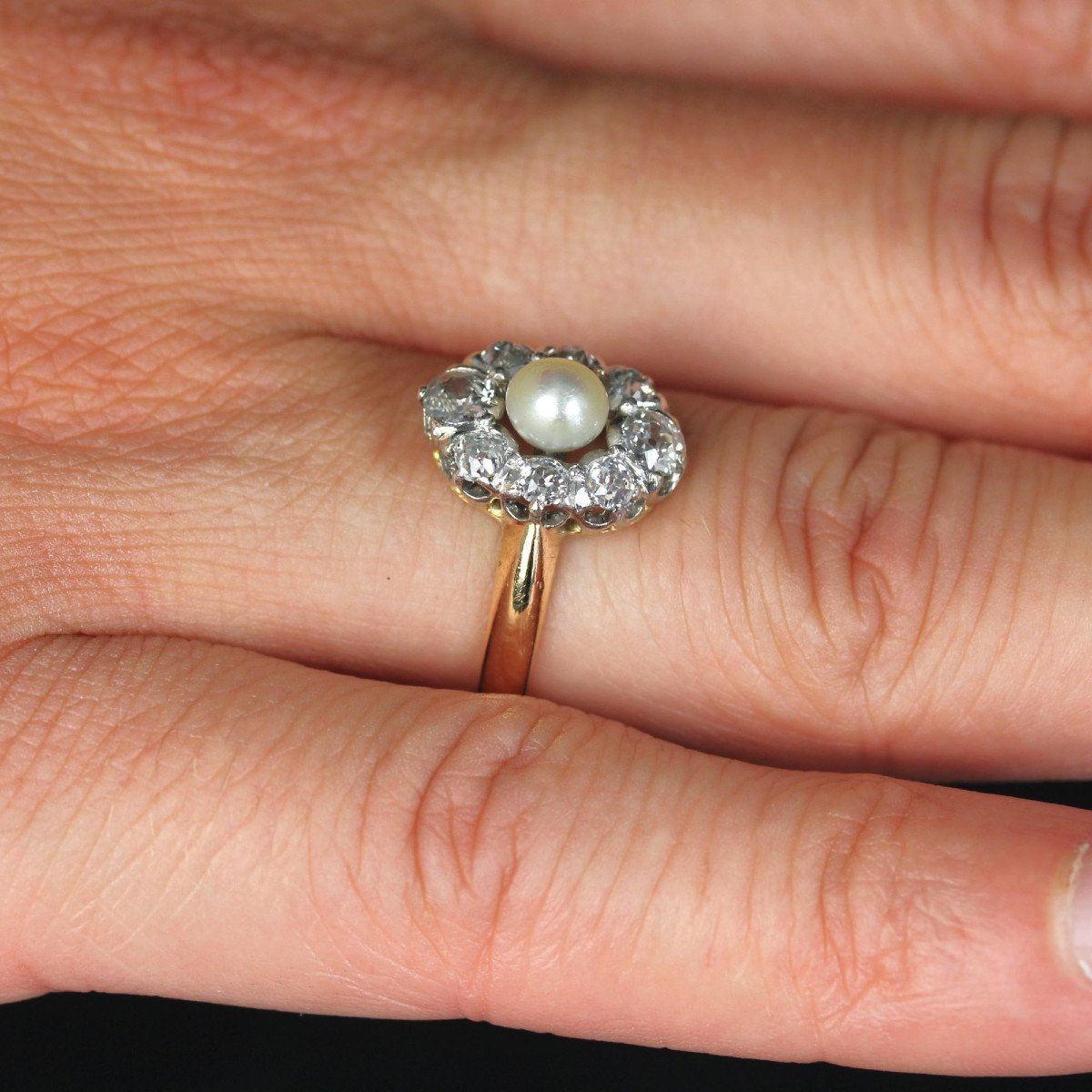 Antique Fine Pearl Diamond Marquise Ring-photo-6