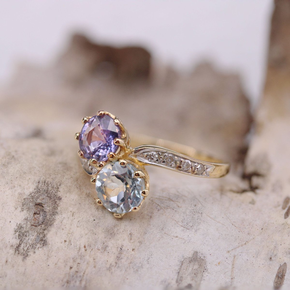 Toi Et Moi Purple Sapphire Aquamarine And Diamonds Ring-photo-3