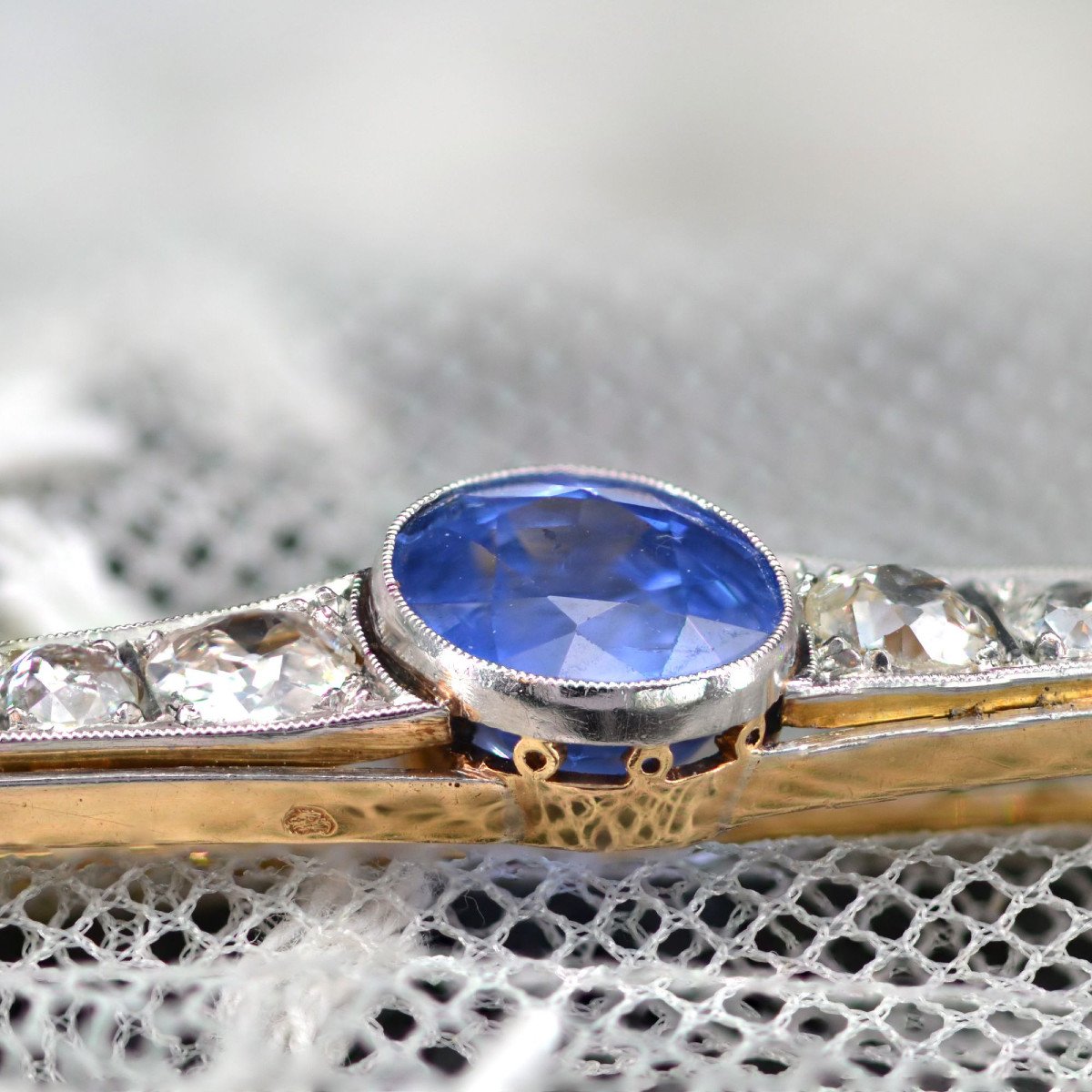 Antique Natural Ceylon Sapphire And Diamond Brooch-photo-3