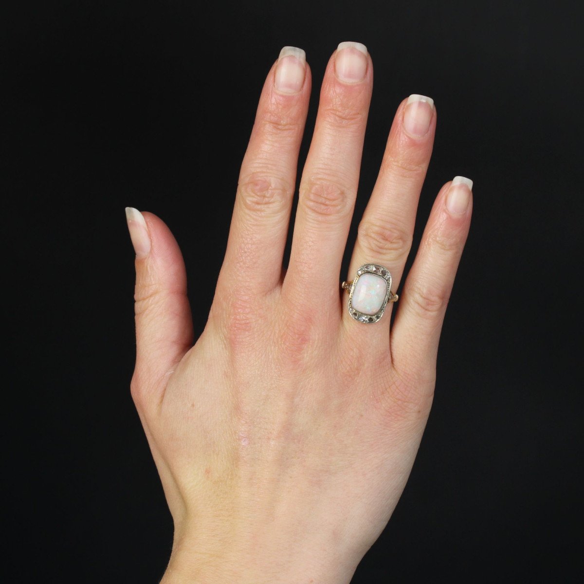 Bague Ancienne Opale Blanche Et Diamants-photo-2