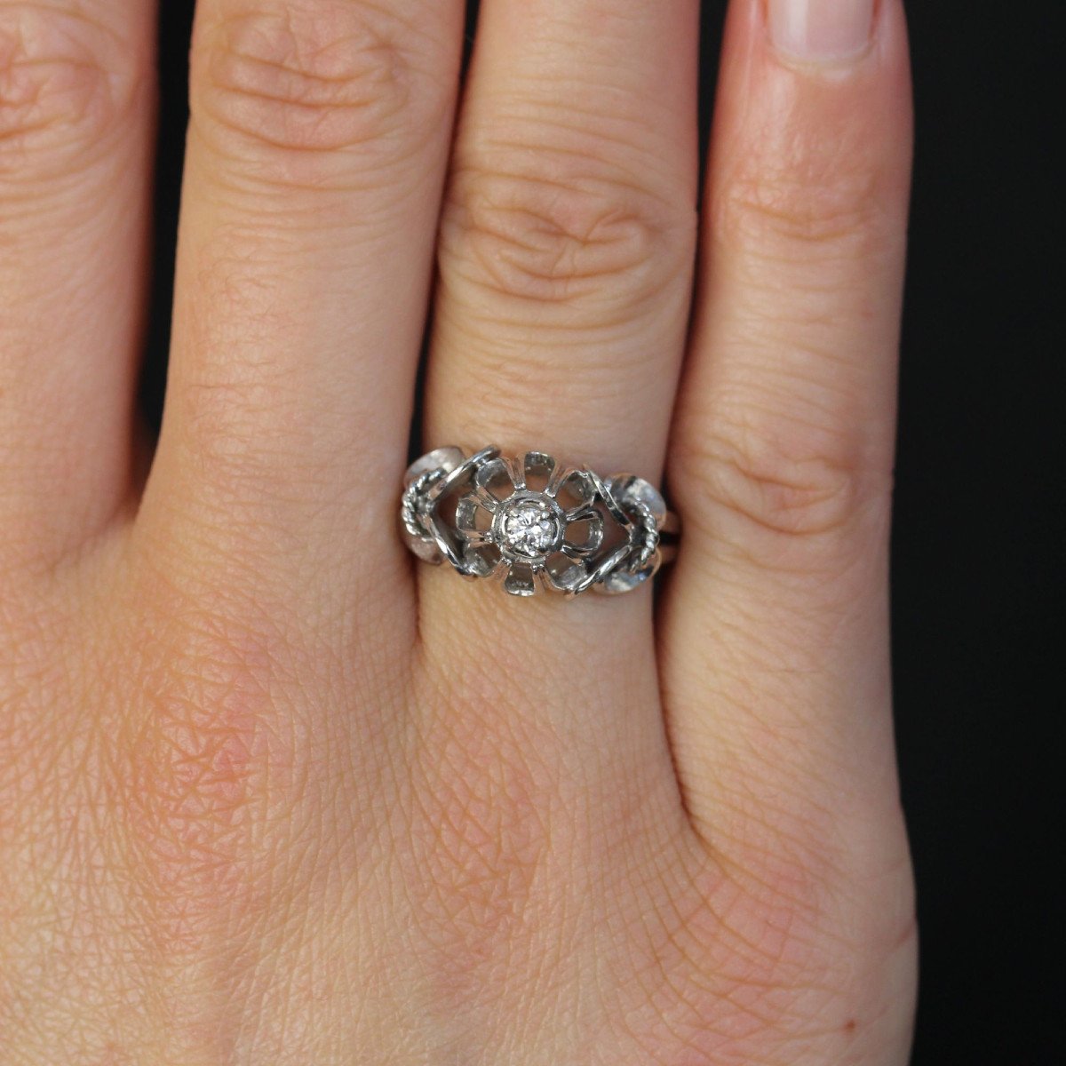 Bague Vintage Or Blanc Saphir Blanc Solitaire-photo-1