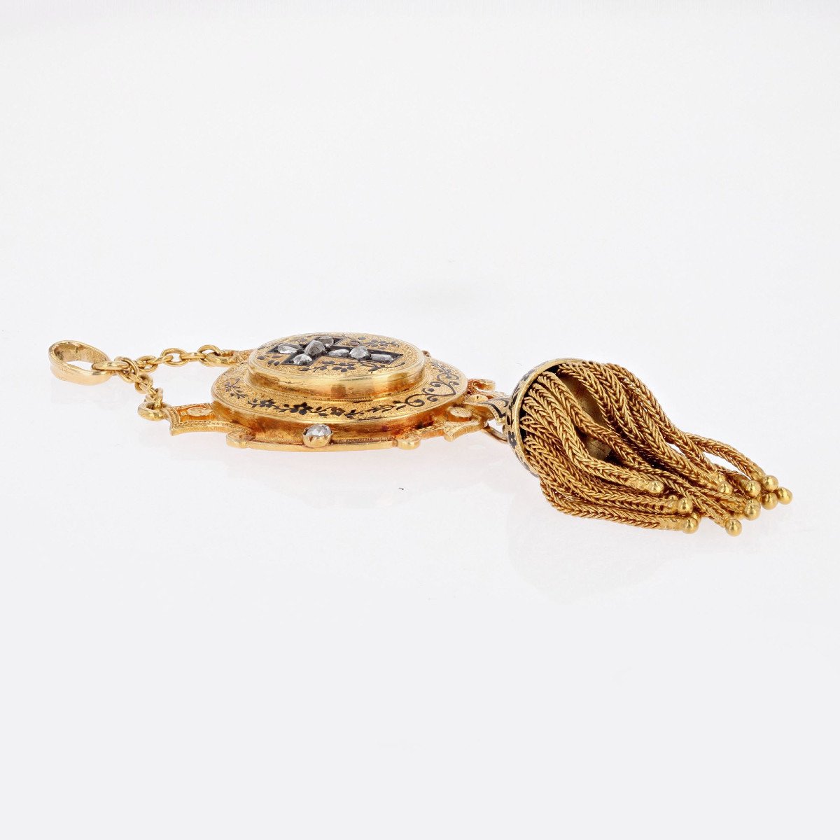 Pendentif Ancien En Or Diamants Et émail Noir-photo-3