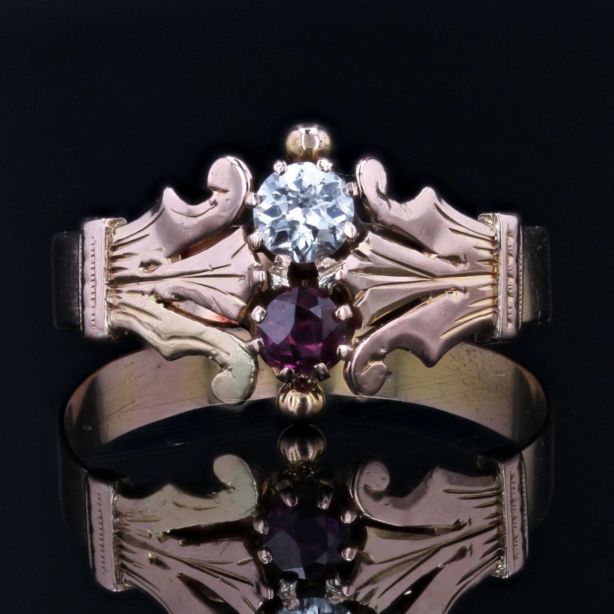 Old Rose Gold Diamond Ruby Ring-photo-3