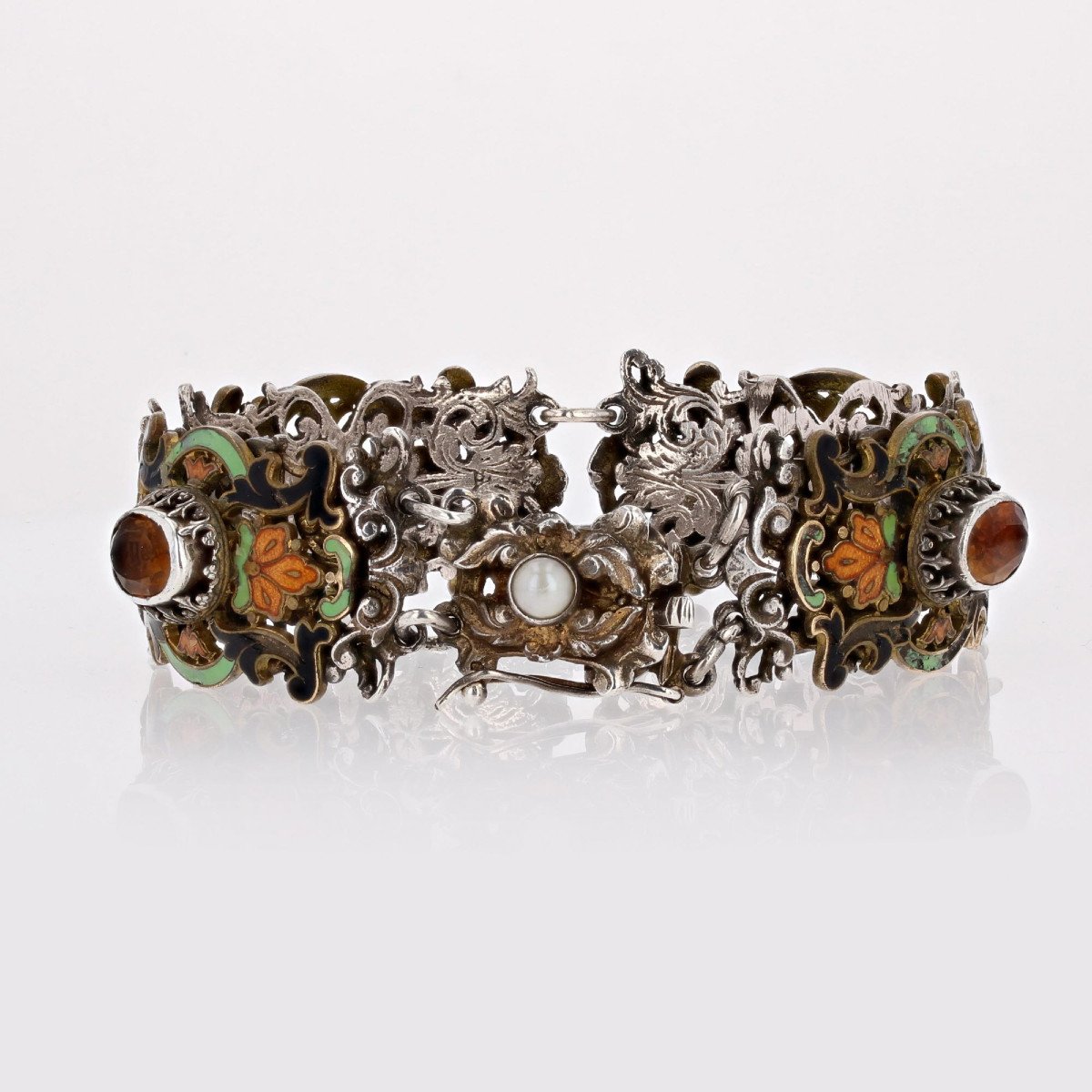 Old Silver Enamel And Citrine Bracelet-photo-5