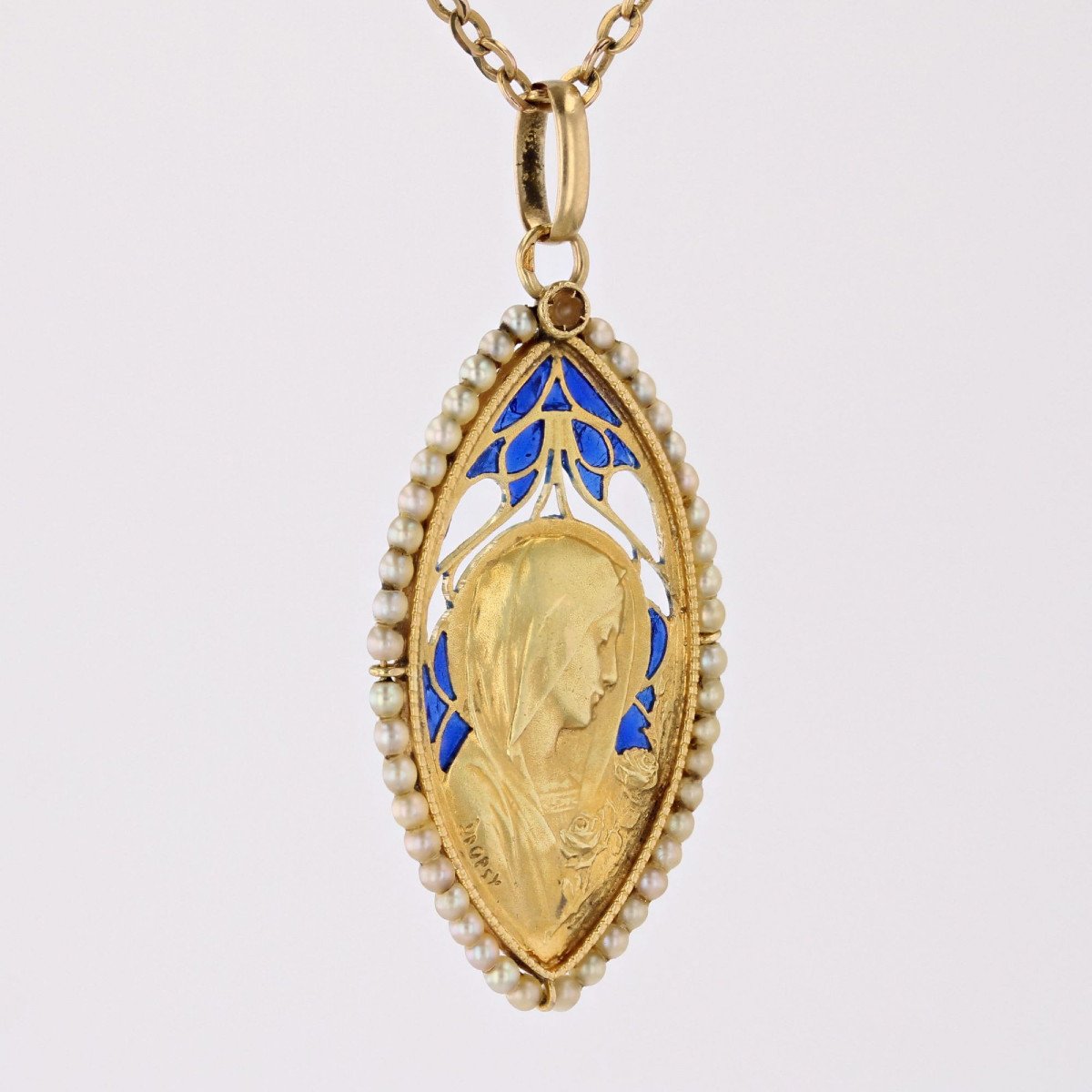 Old Virgin Medal Fine Pearls And Enamel-photo-2
