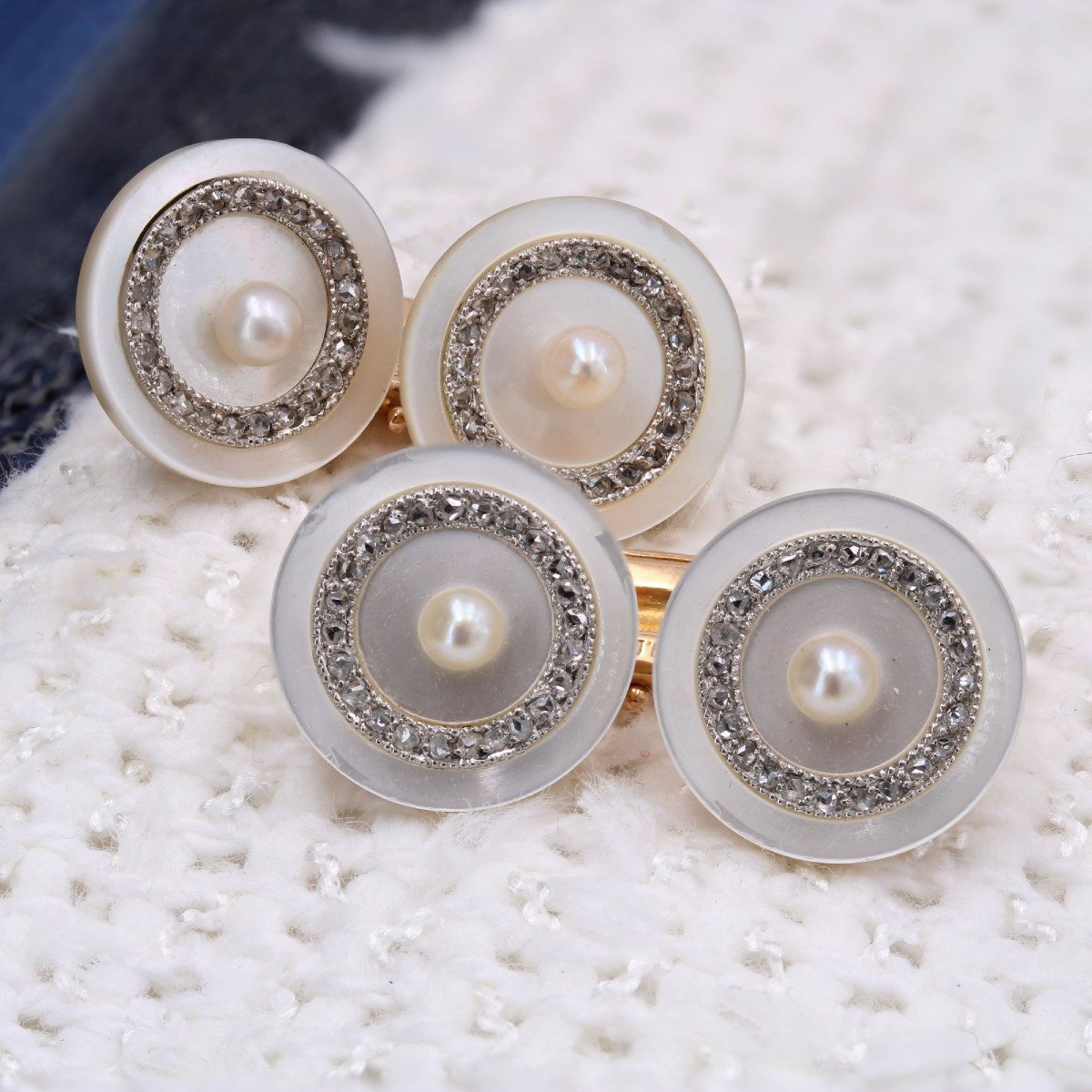 Boutons De Manchette Anciens Perles Fines Nacre Et Diamants-photo-3