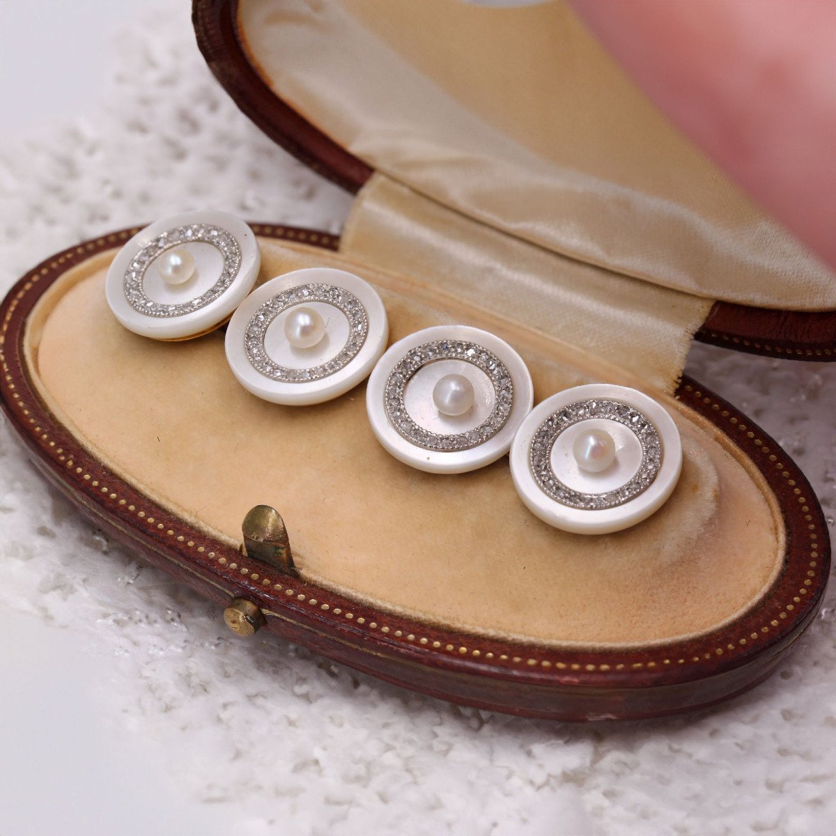Boutons De Manchette Anciens Perles Fines Nacre Et Diamants-photo-4