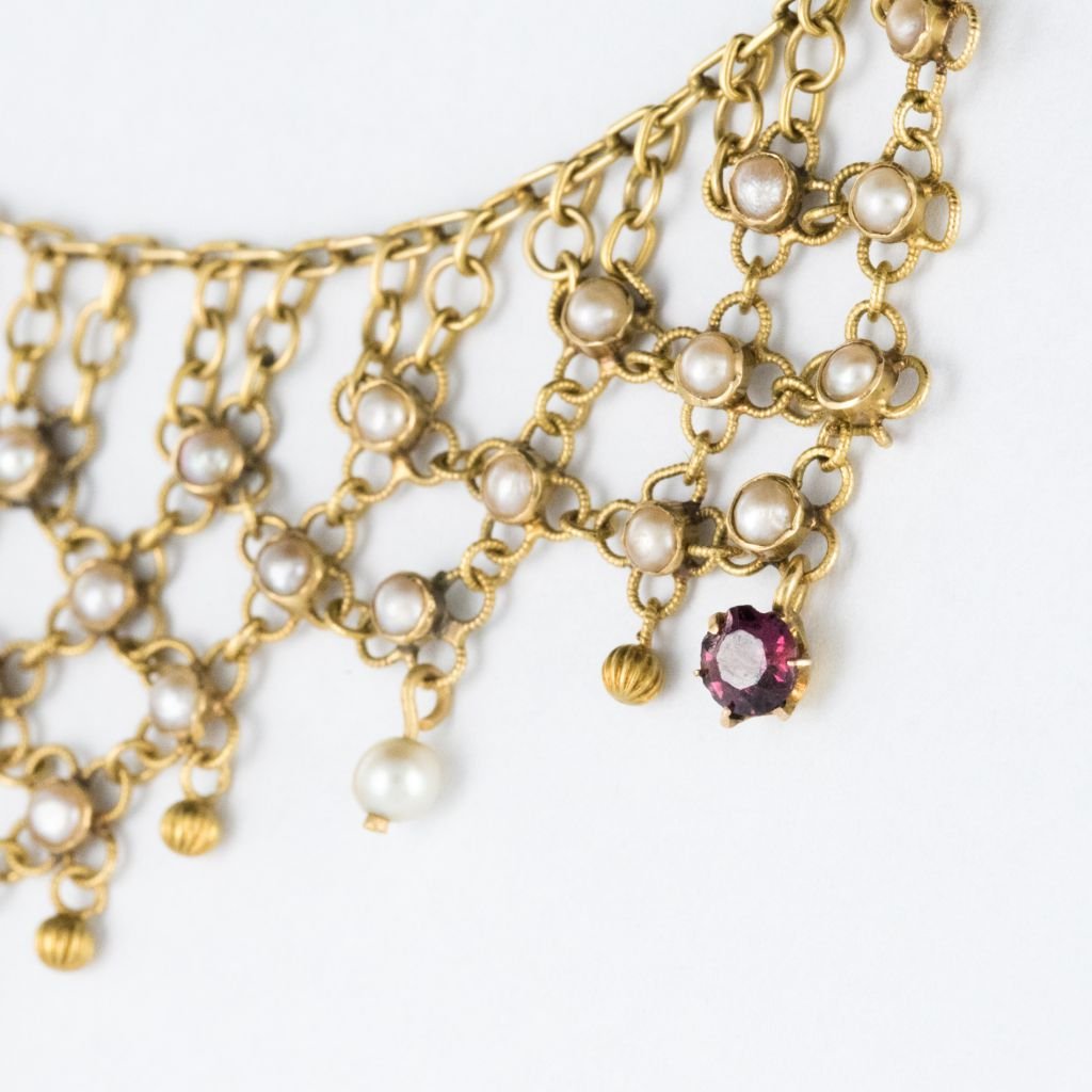 Drapery Old Gold Necklace And Beads Ruby Sapphires 18k Yellow Gold-photo-2