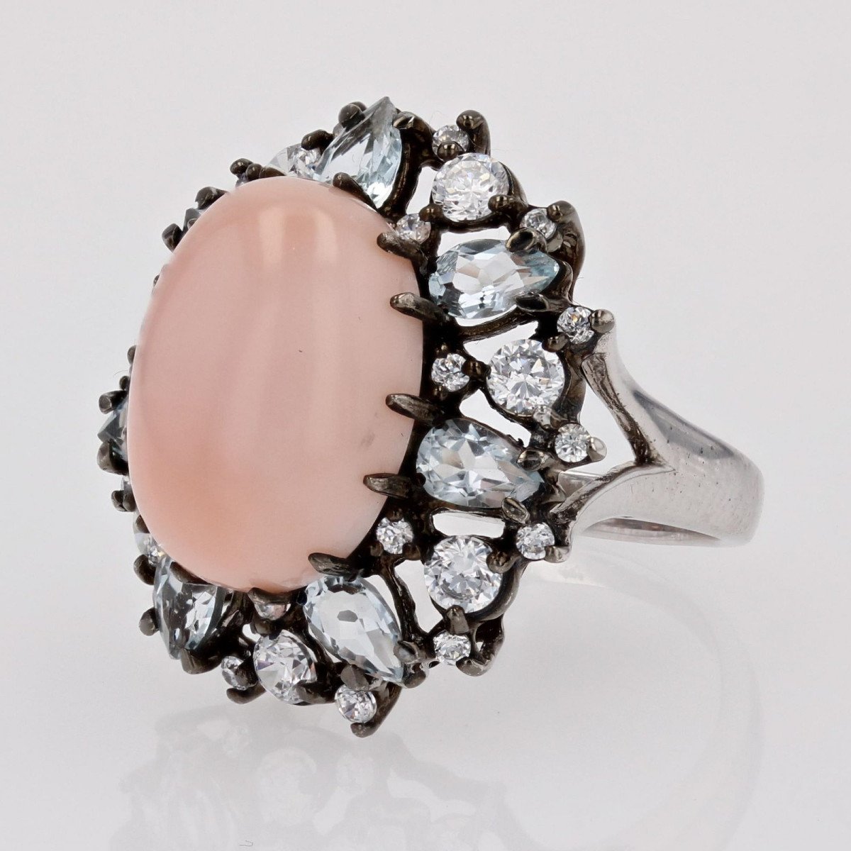 Bague Corail Peau d'Ange Aigue-marine Et Zirconium-photo-4