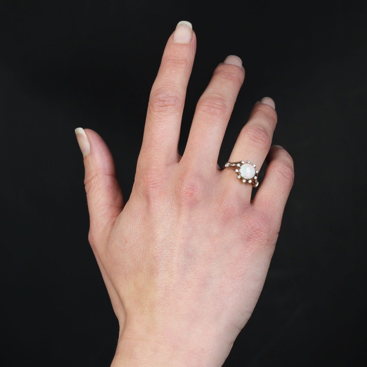 White Gold Round Opal Diamond Ring-photo-4
