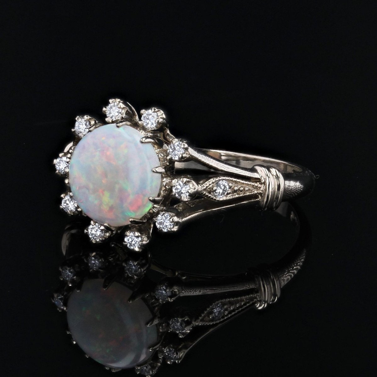 White Gold Round Opal Diamond Ring-photo-3