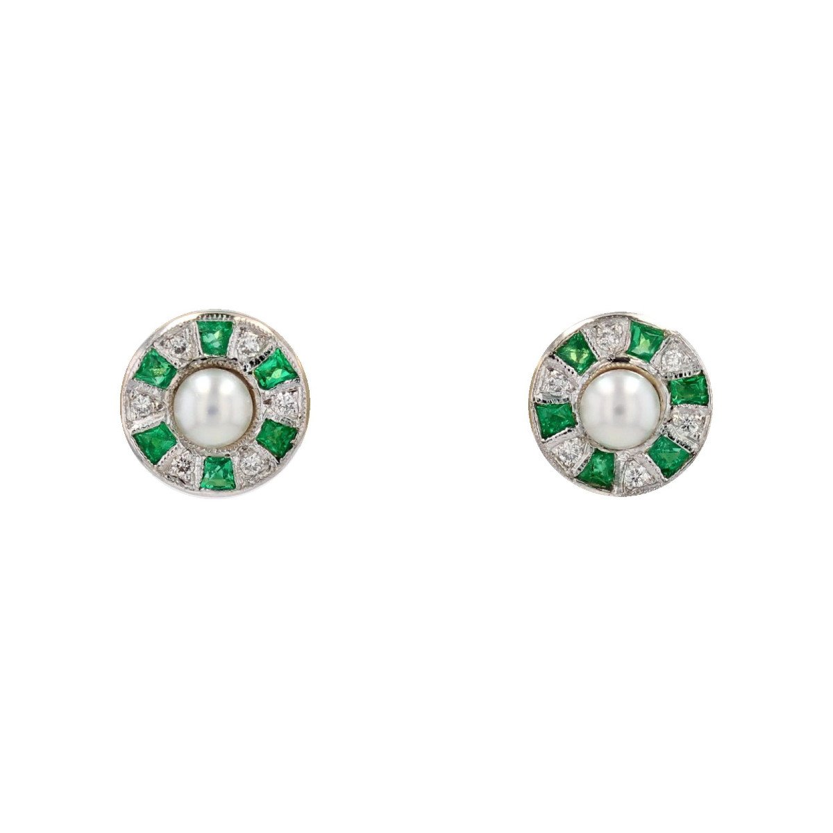 Boucles d'Oreilles Perles Diamants Et émeraudes Calibrées