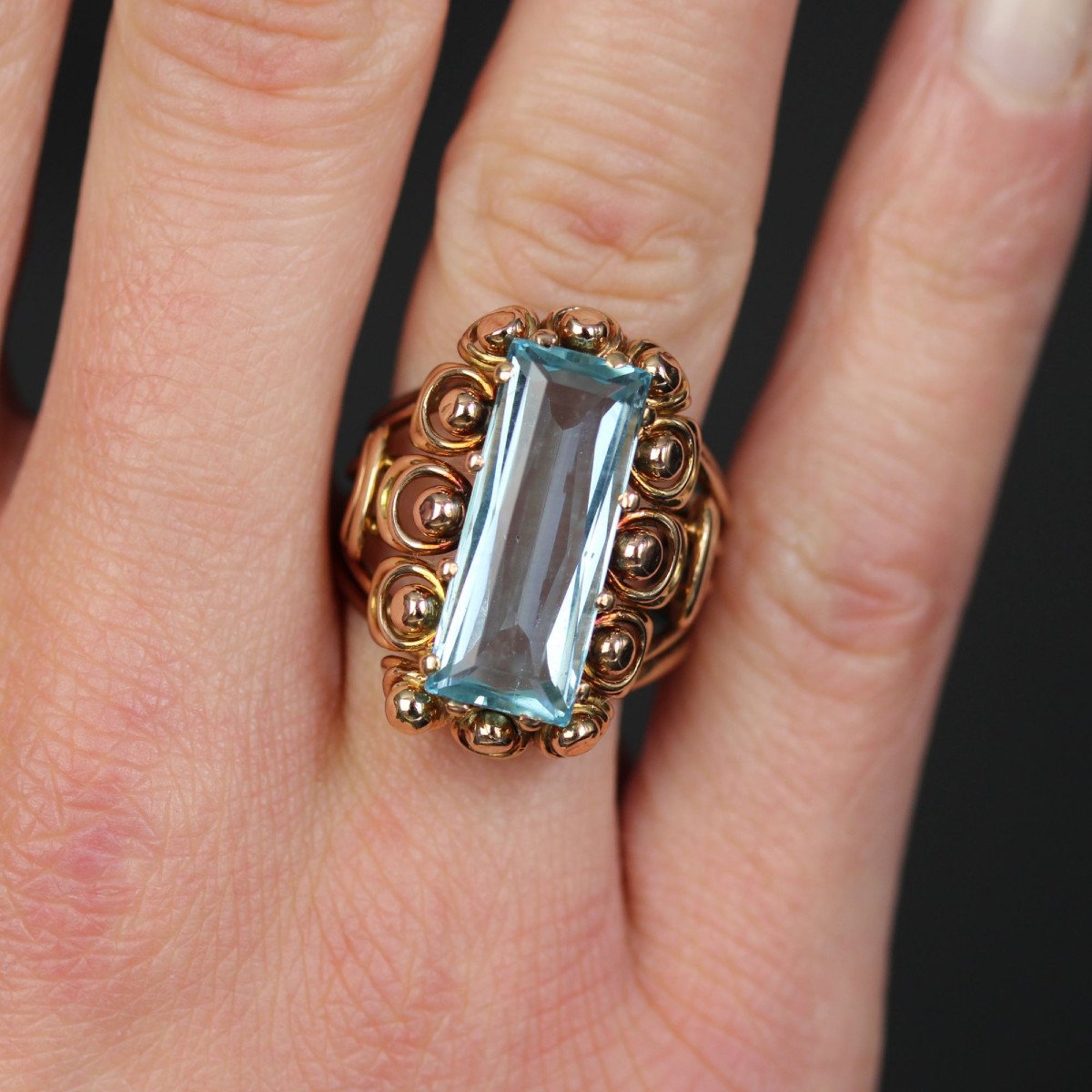 Bague Vintage Aigue-marine Et Or Rose-photo-2