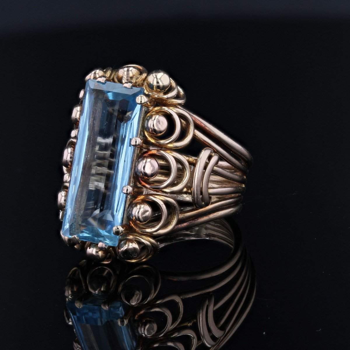 Bague Vintage Aigue-marine Et Or Rose-photo-3