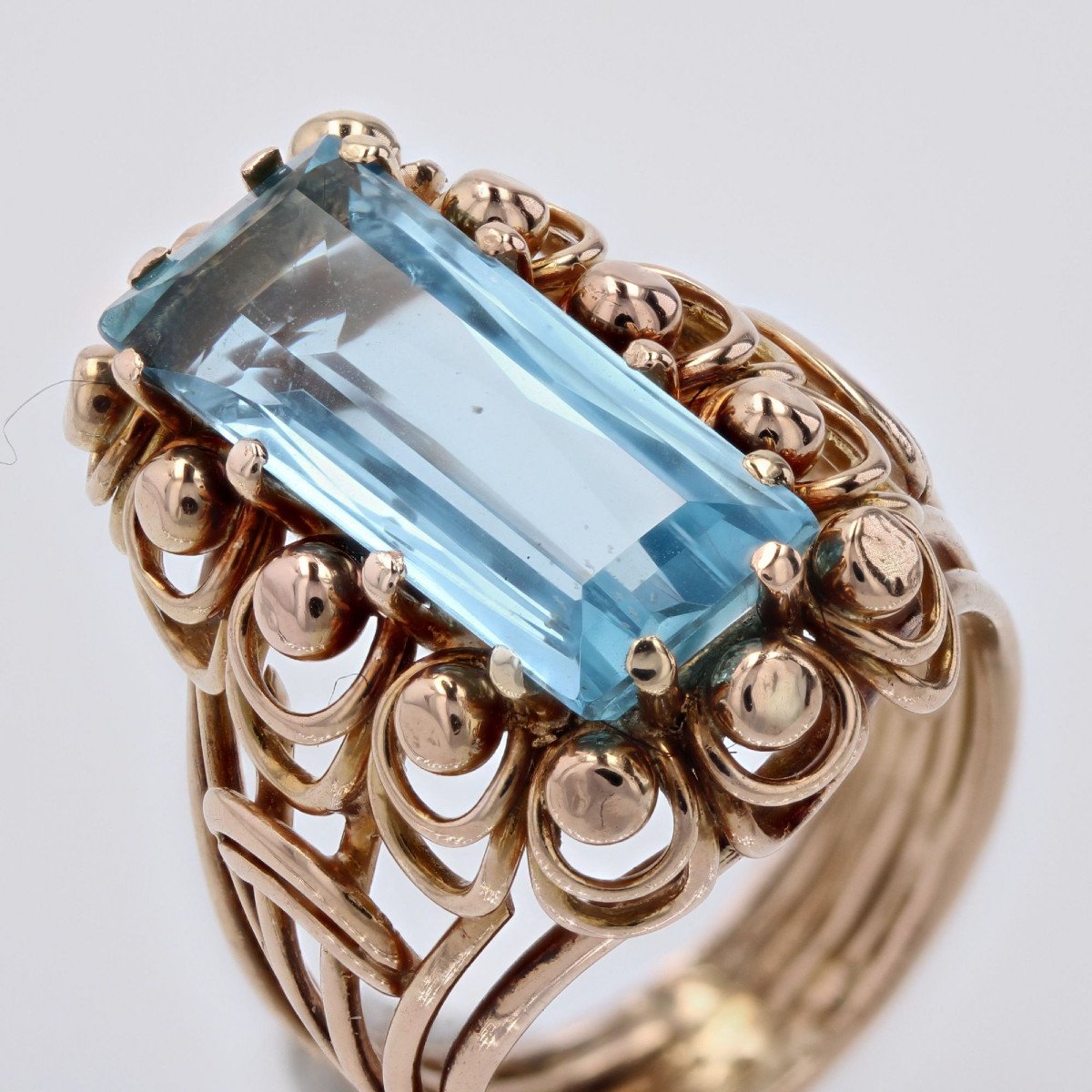 Bague Vintage Aigue-marine Et Or Rose-photo-5