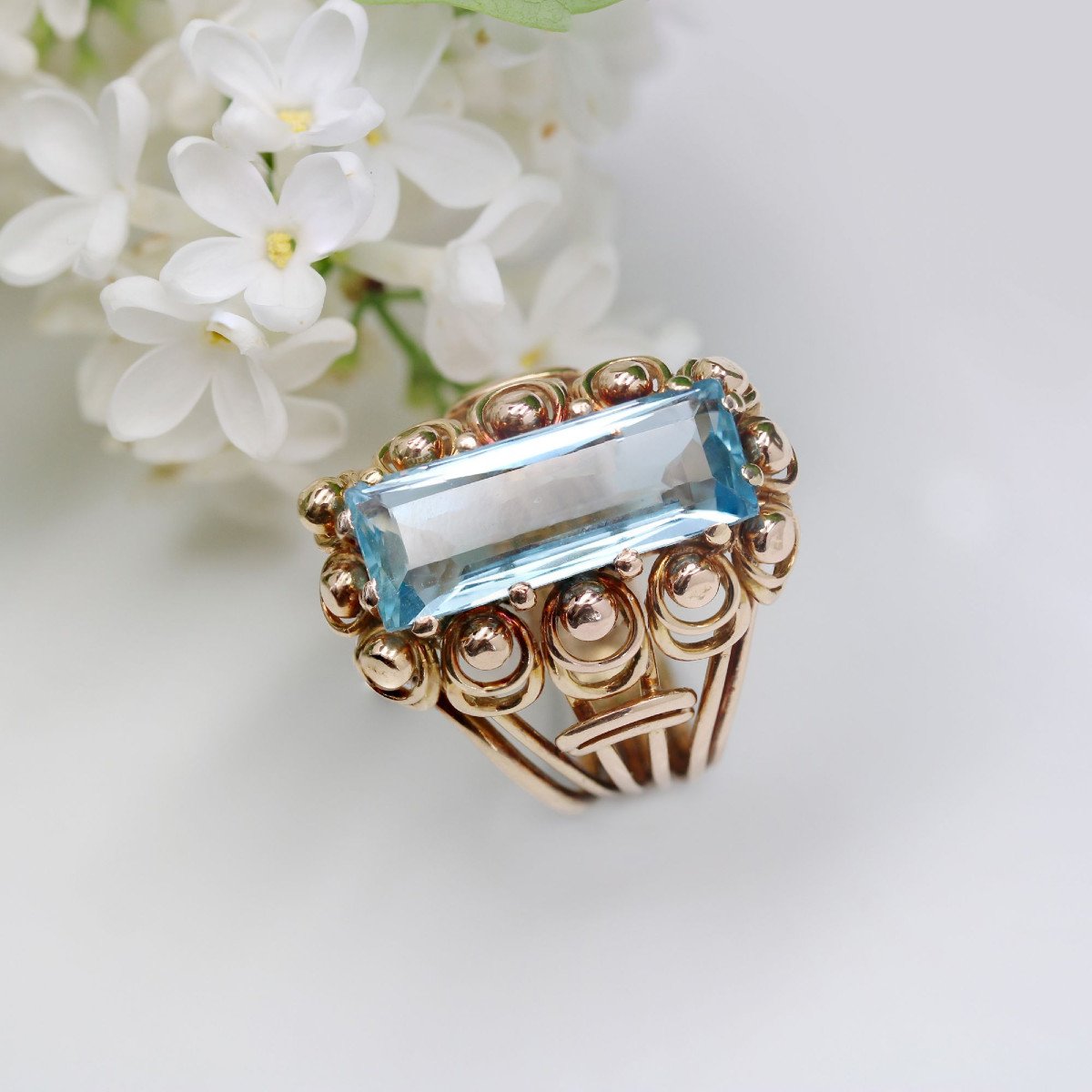 Bague Vintage Aigue-marine Et Or Rose-photo-6