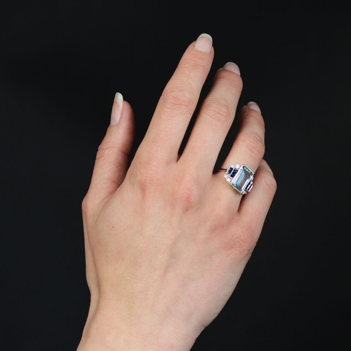 Art Deco Style Sapphire And Diamond Aquamarine Ring-photo-4