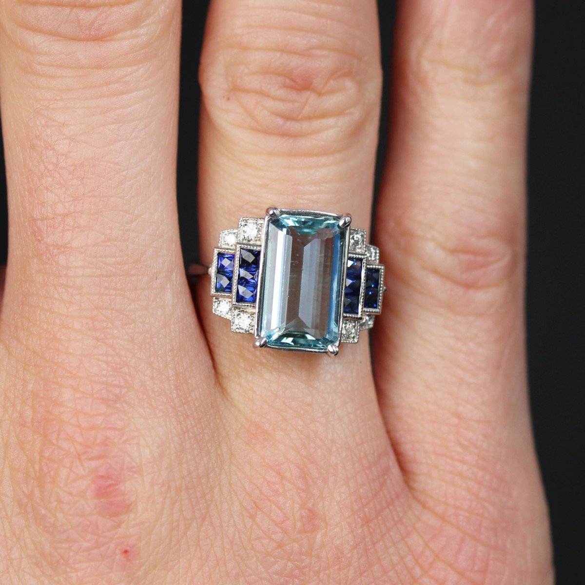 Art Deco Style Sapphire And Diamond Aquamarine Ring-photo-2