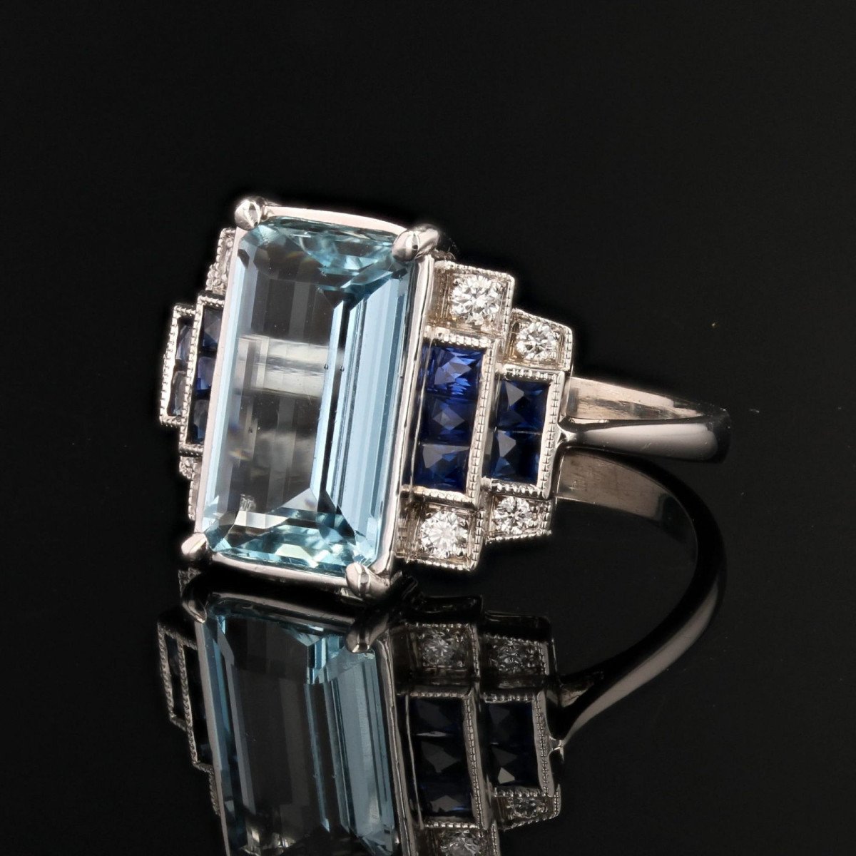 Art Deco Style Sapphire And Diamond Aquamarine Ring-photo-3