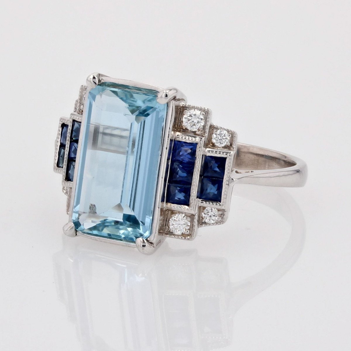 Art Deco Style Sapphire And Diamond Aquamarine Ring-photo-4