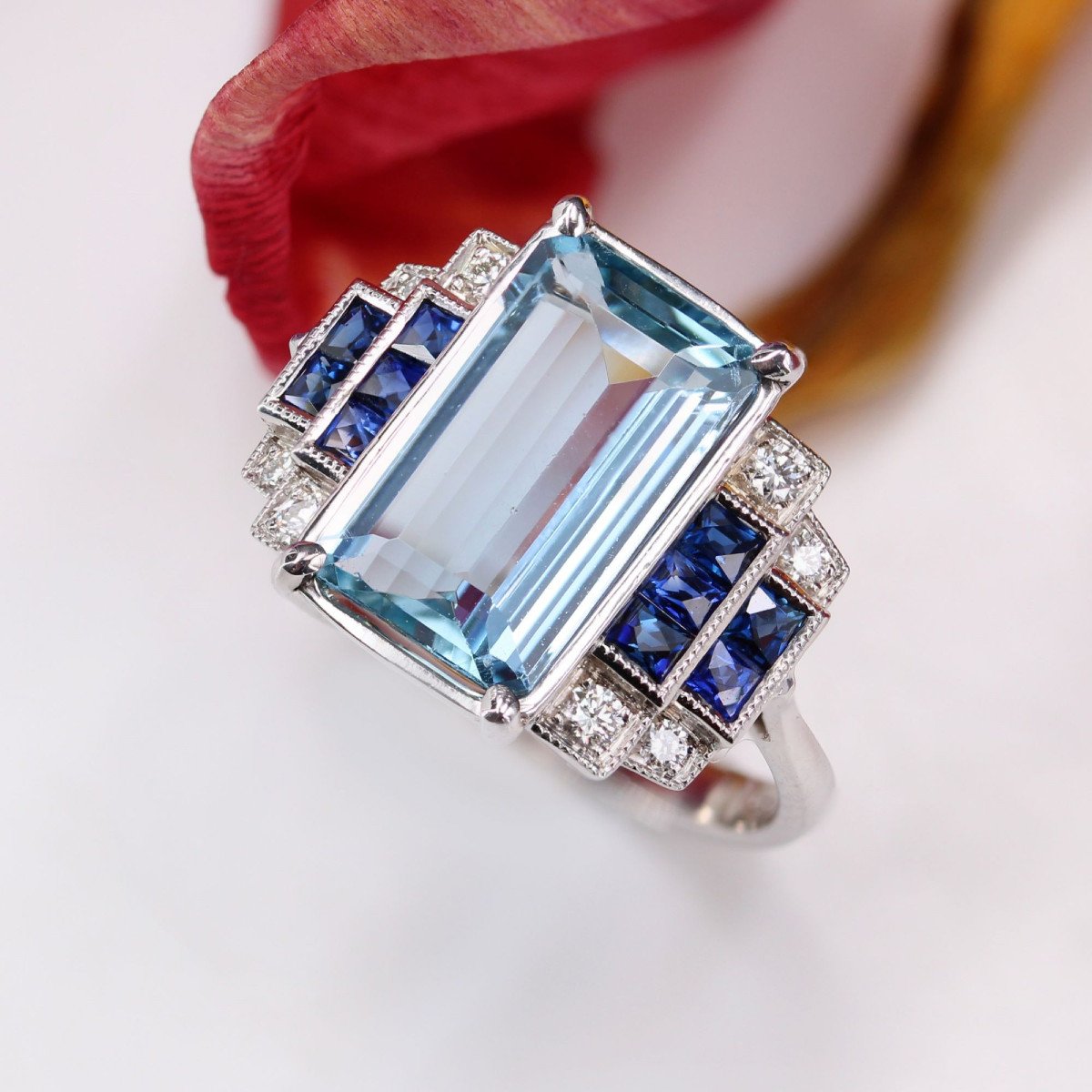 Art Deco Style Sapphire And Diamond Aquamarine Ring-photo-6