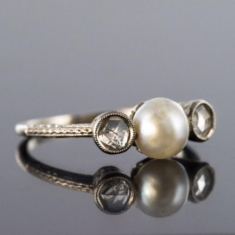 Bague Ancienne Perle Et Diamants Taillés En Rose-photo-1