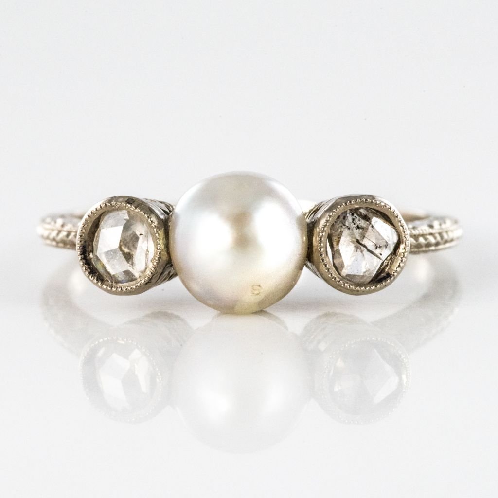 Bague Ancienne Perle Et Diamants Taillés En Rose-photo-5