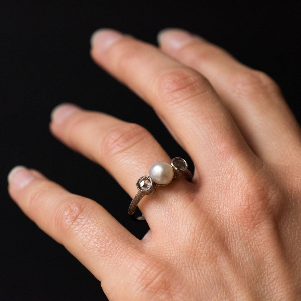 Old Pearl Diamond Ring And Rose Carved In-photo-6