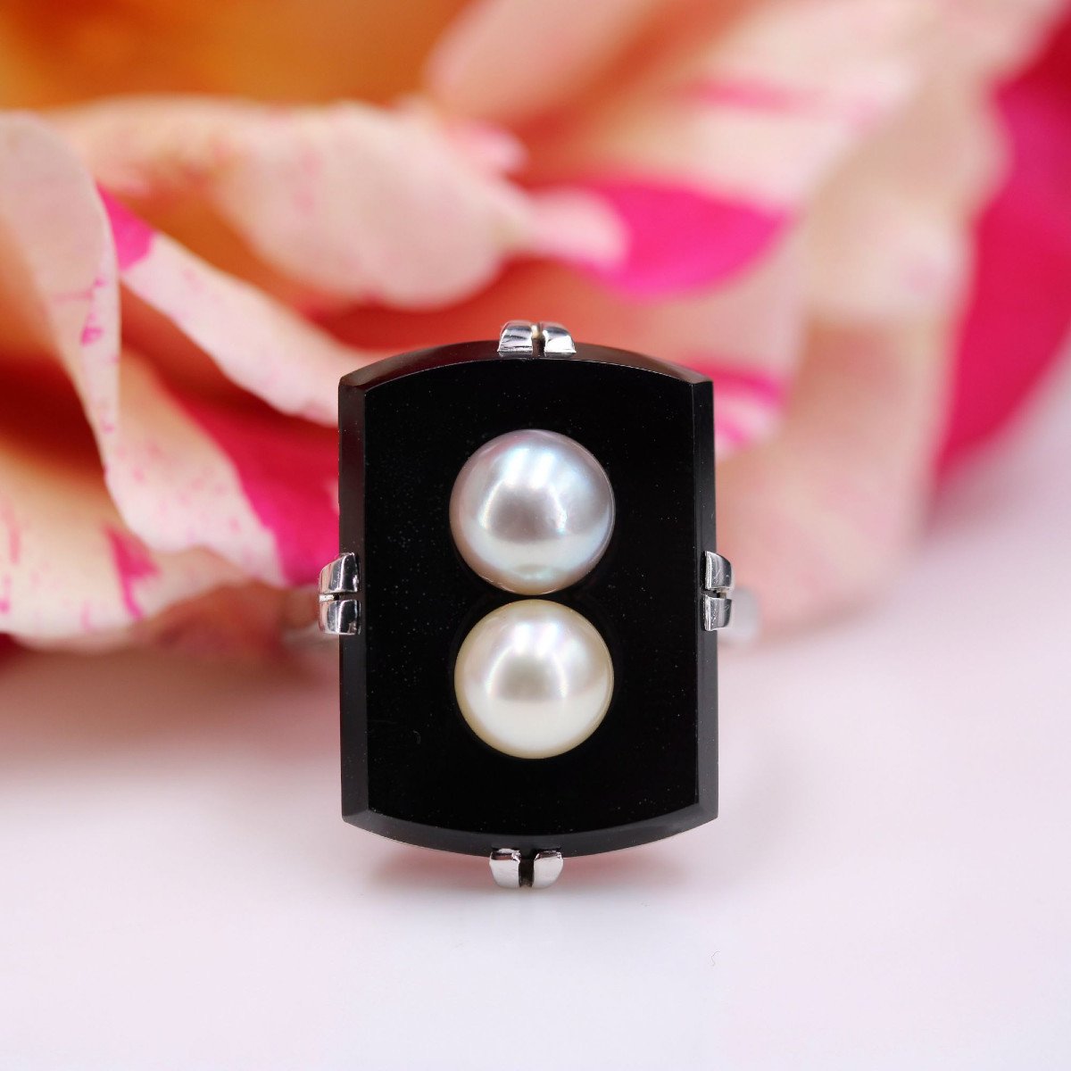 Bague Onyx Et Ses Perles De Culture Grise Et Dorée-photo-3