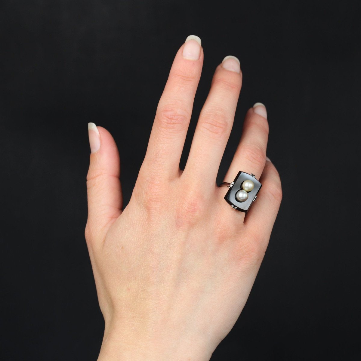 Bague Onyx Et Ses Perles De Culture Grise Et Dorée-photo-4