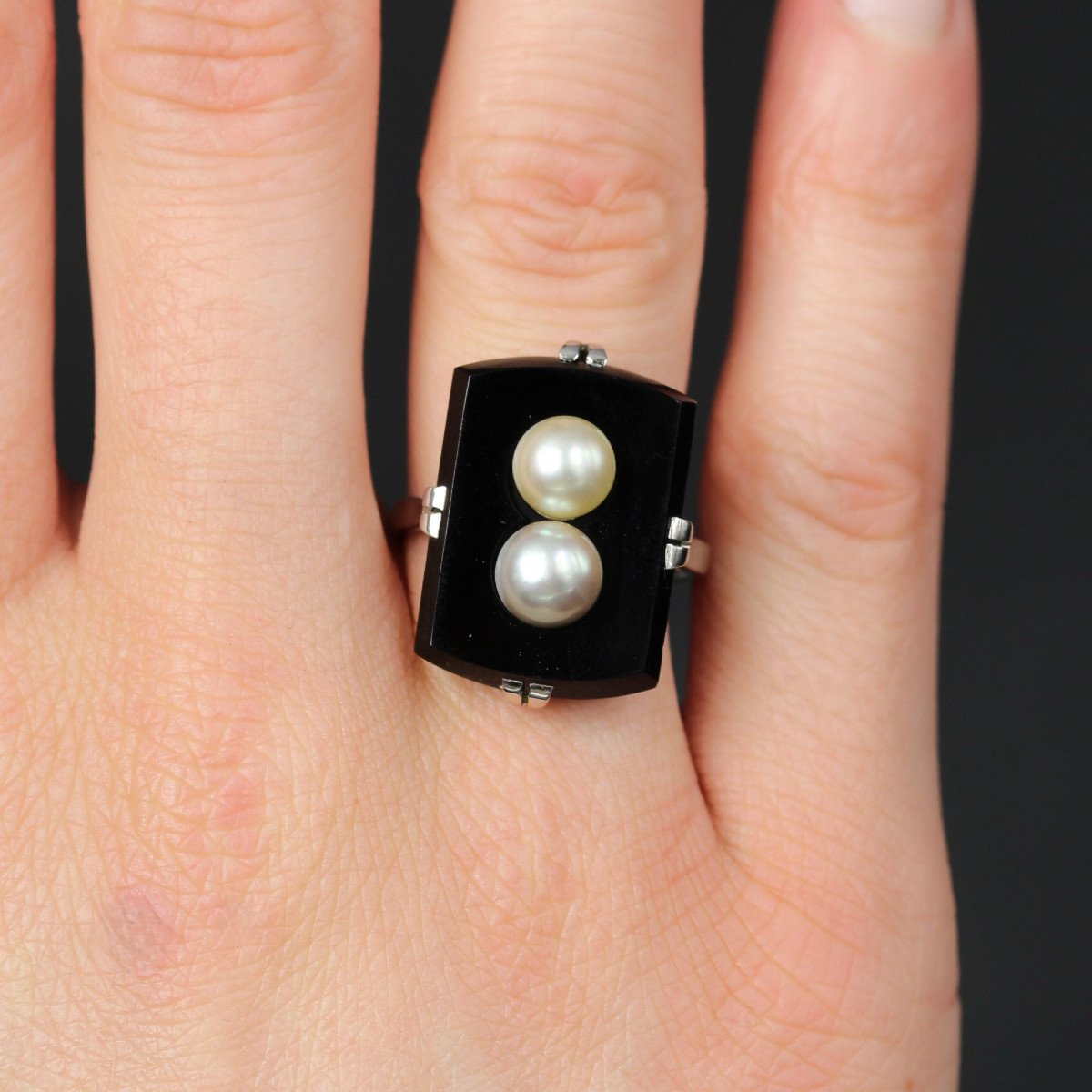 Bague Onyx Et Ses Perles De Culture Grise Et Dorée-photo-2