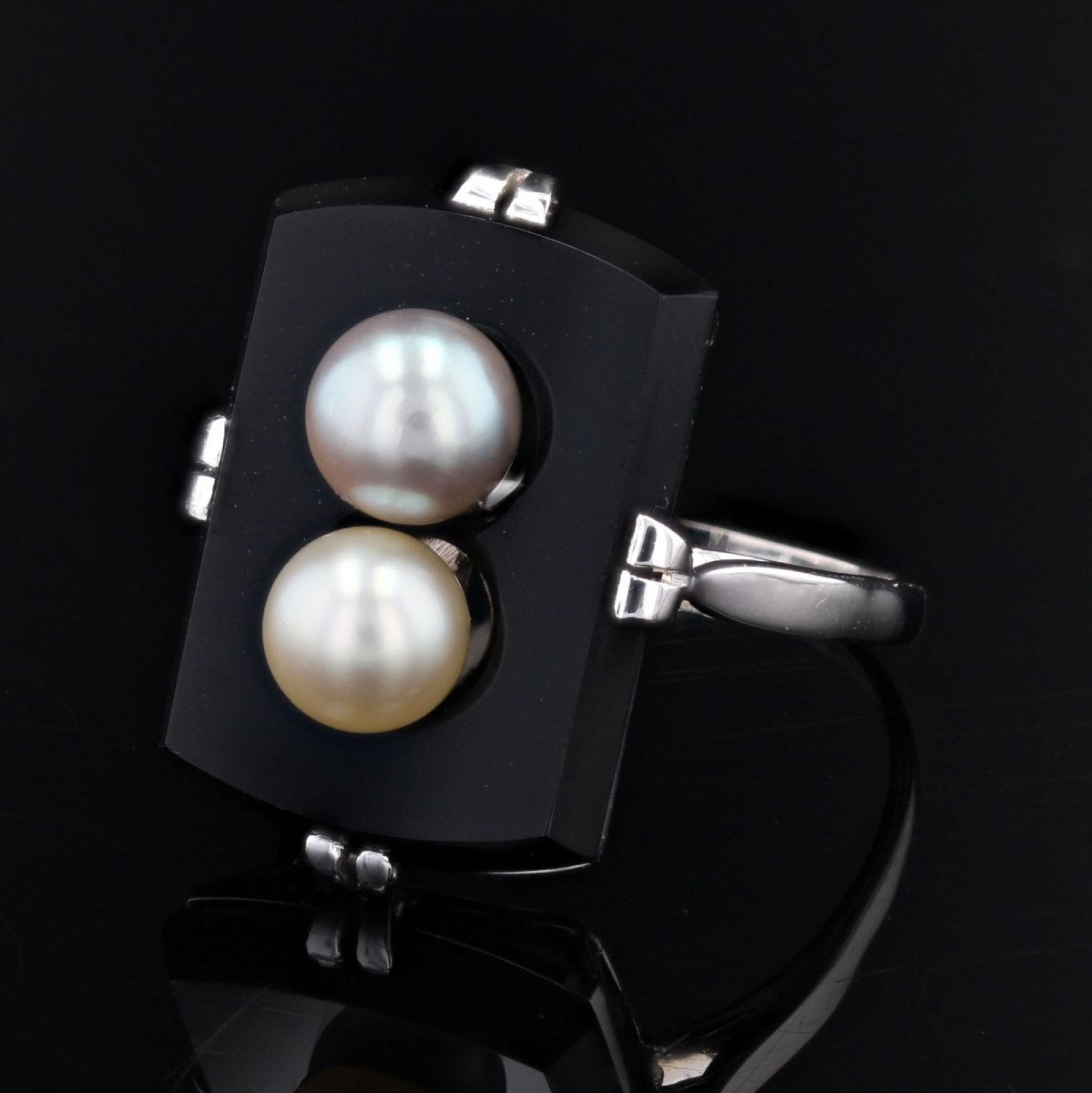 Bague Onyx Et Ses Perles De Culture Grise Et Dorée-photo-3