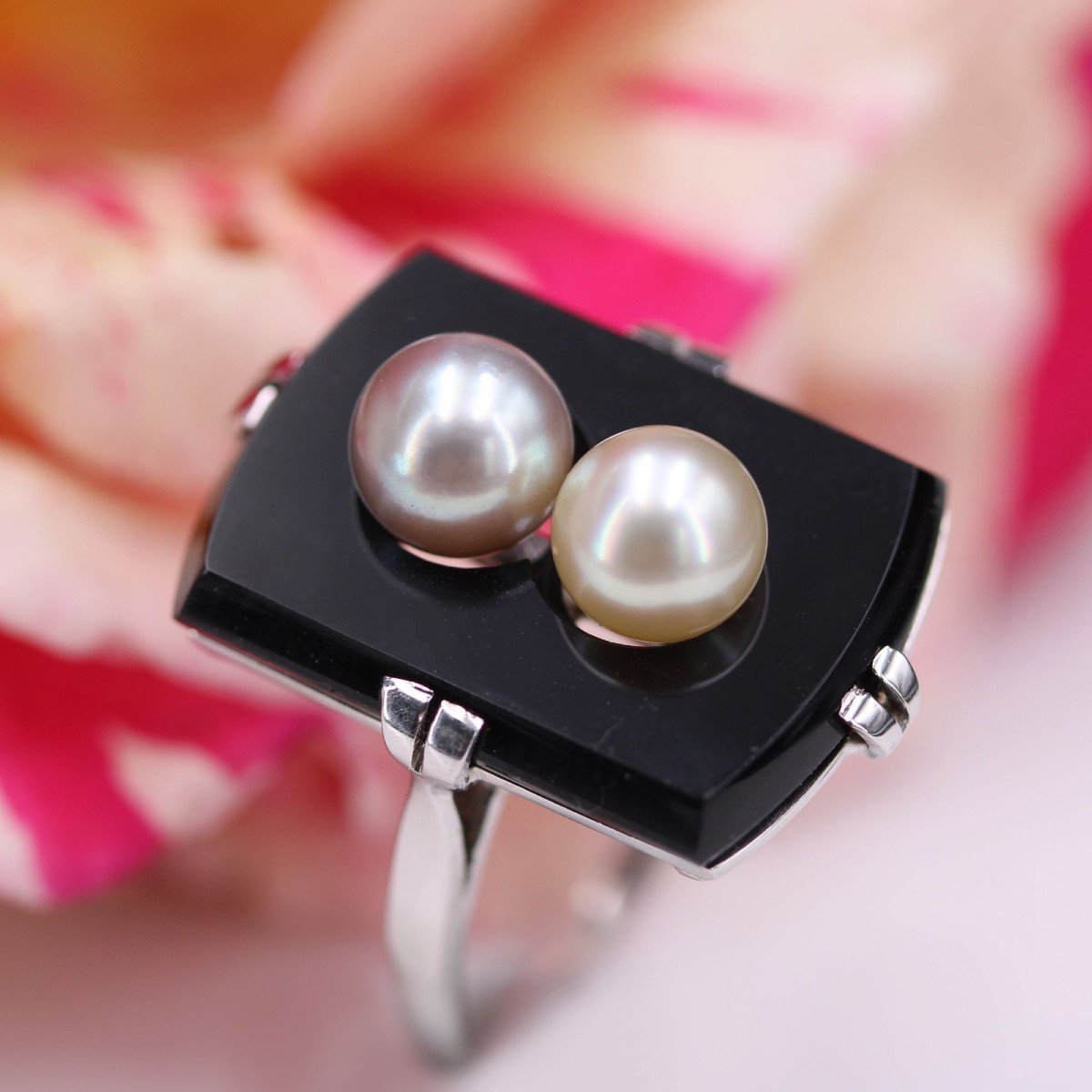 Bague Onyx Et Ses Perles De Culture Grise Et Dorée-photo-6