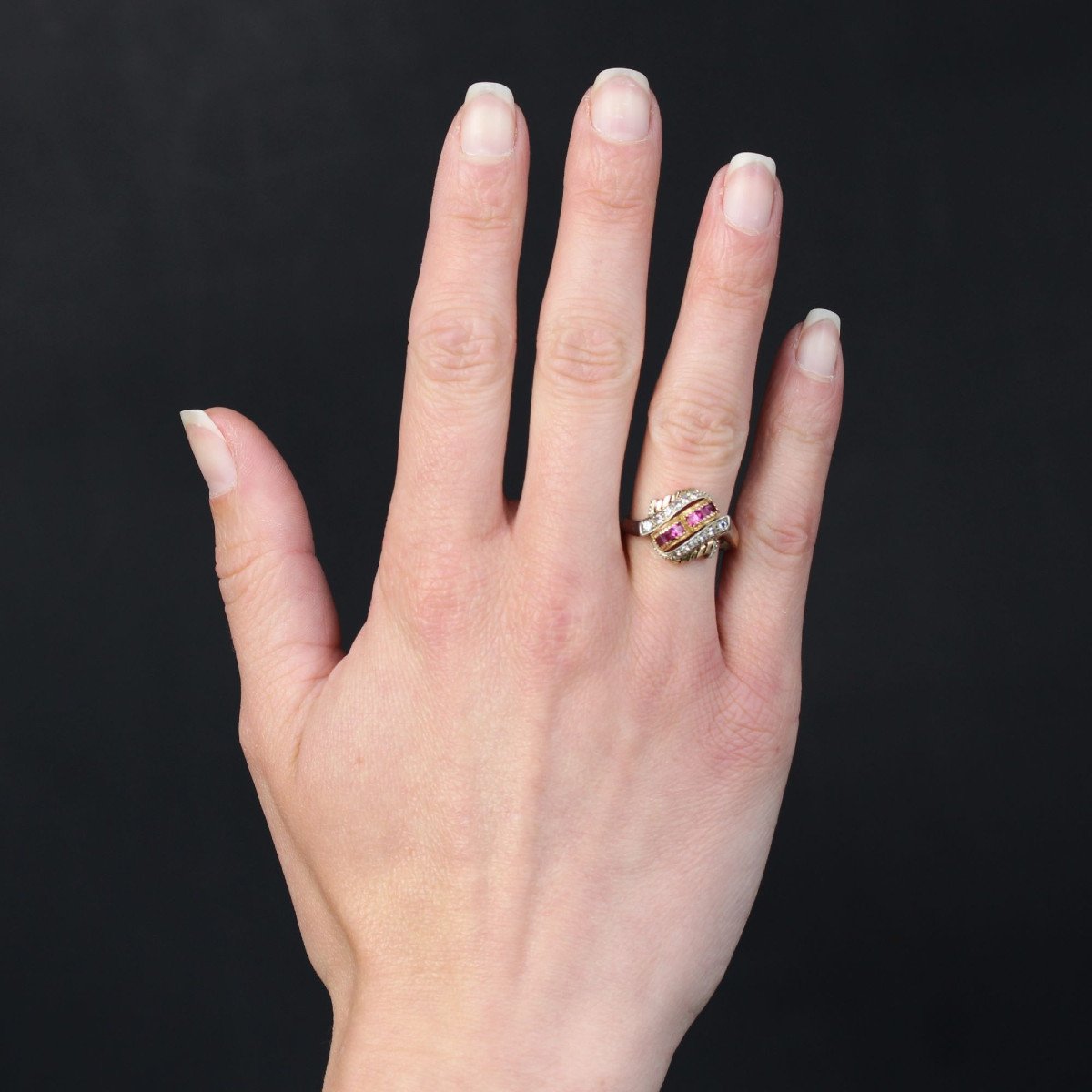 Retro Dome Ring With Synthetic Ruby And White Stones-photo-2