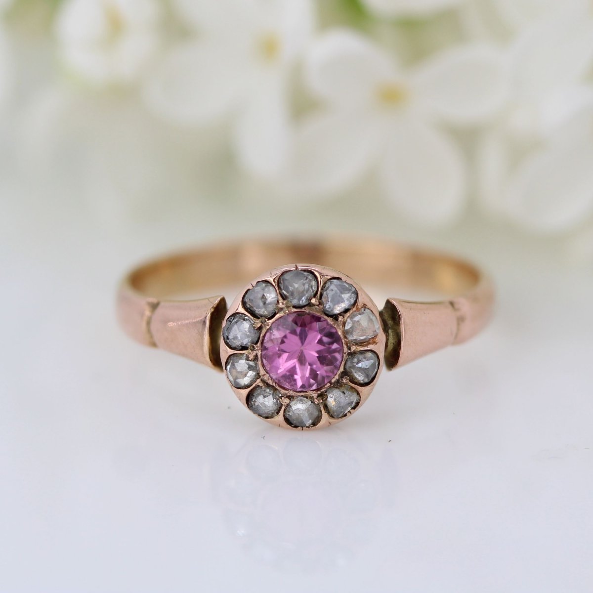 Bague ancienne saphir rose et diamants taillés en rose-photo-3