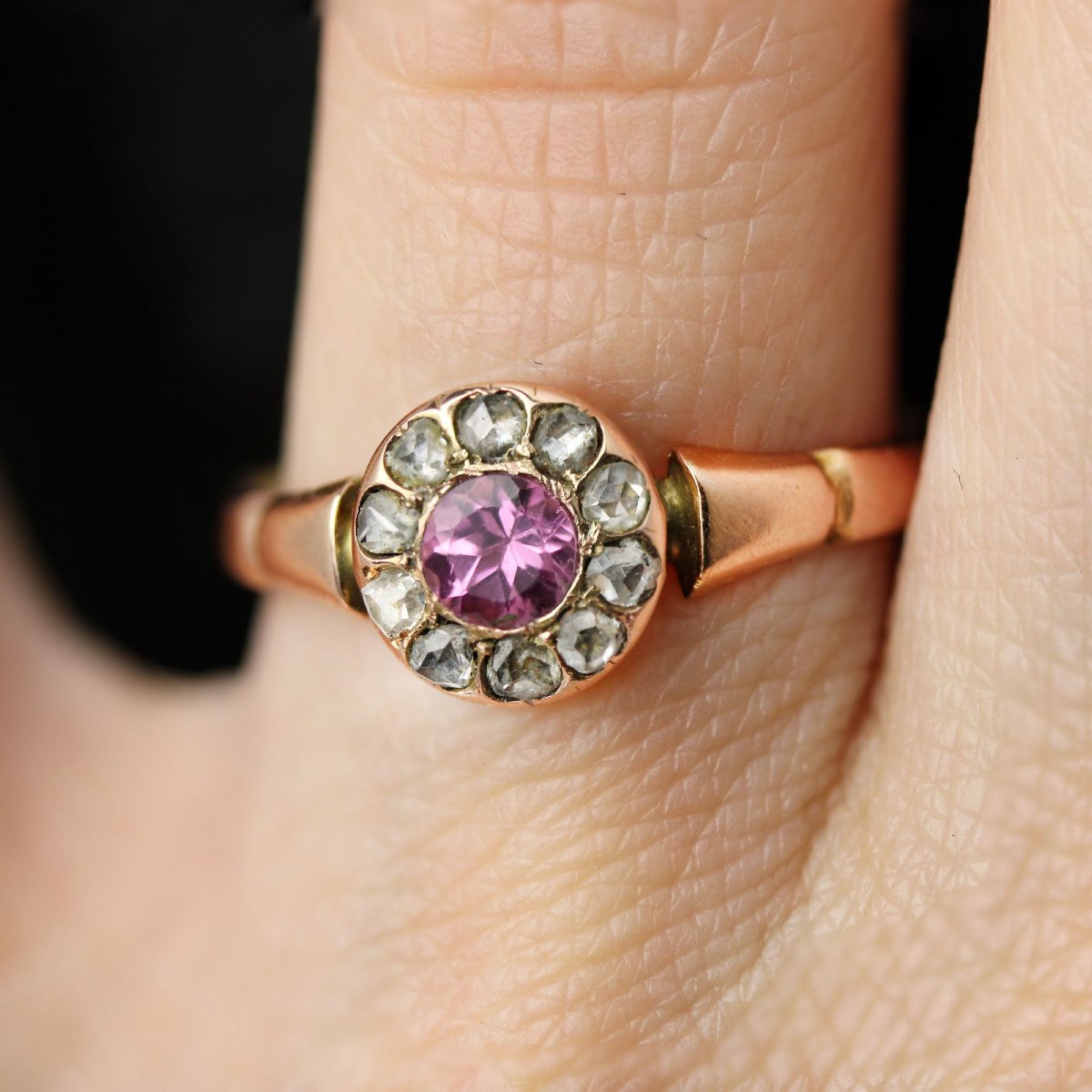 Bague ancienne saphir rose et diamants taillés en rose-photo-2