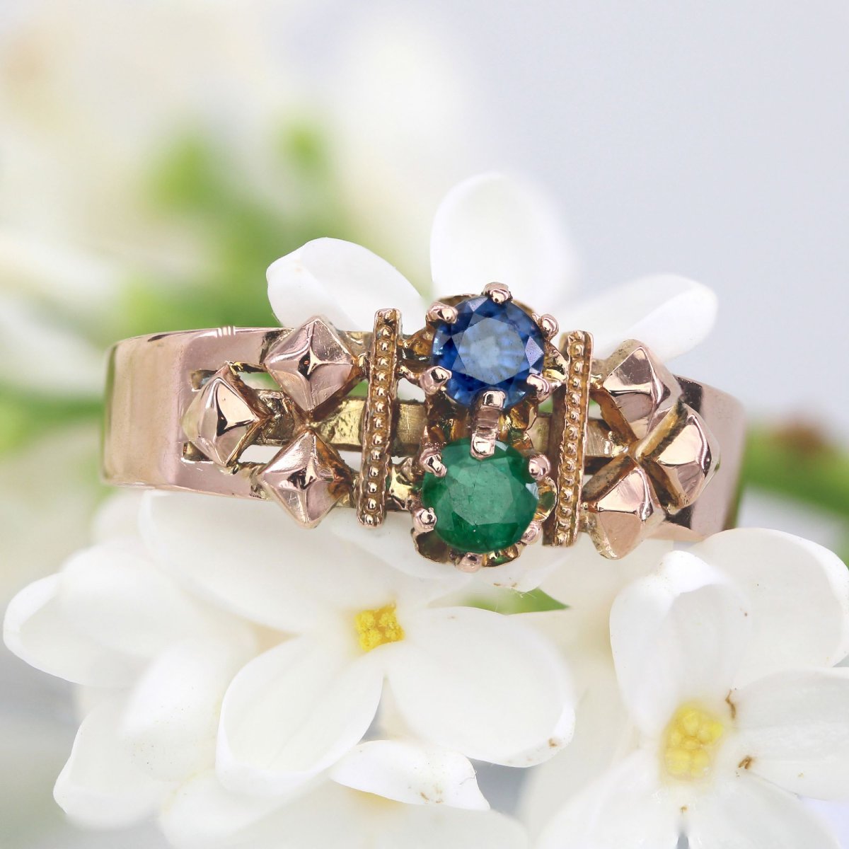 Antique Rose Gold Emerald Sapphire Ring-photo-2