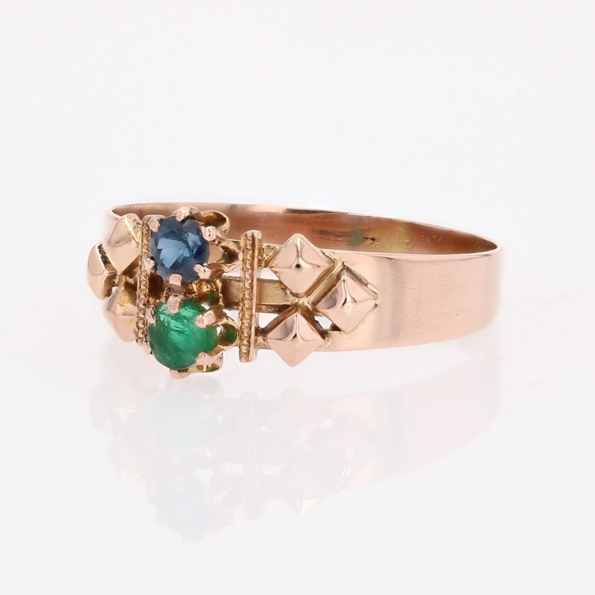 Antique Rose Gold Emerald Sapphire Ring-photo-4
